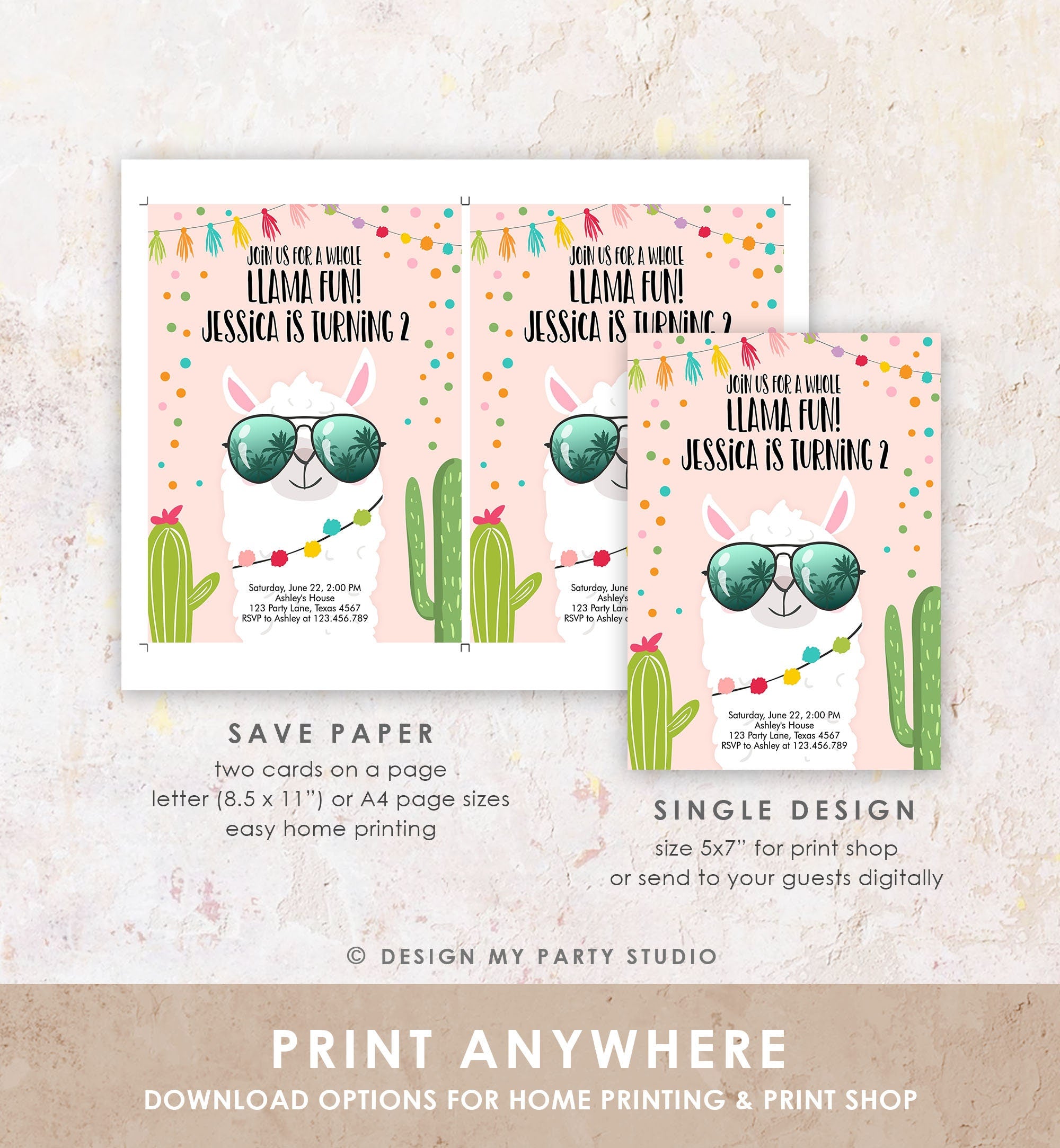 Editable Whole Llama Fun Birthday Invitation Llama Fiesta Cactus Confetti Girl Pink Alpaca Instant Download Printable Template Corjl 0079