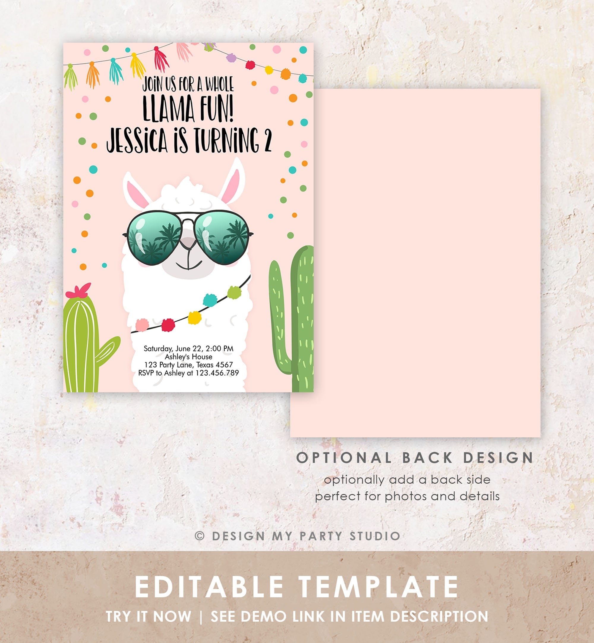 Editable Whole Llama Fun Birthday Invitation Llama Fiesta Cactus Confetti Girl Pink Alpaca Instant Download Printable Template Corjl 0079