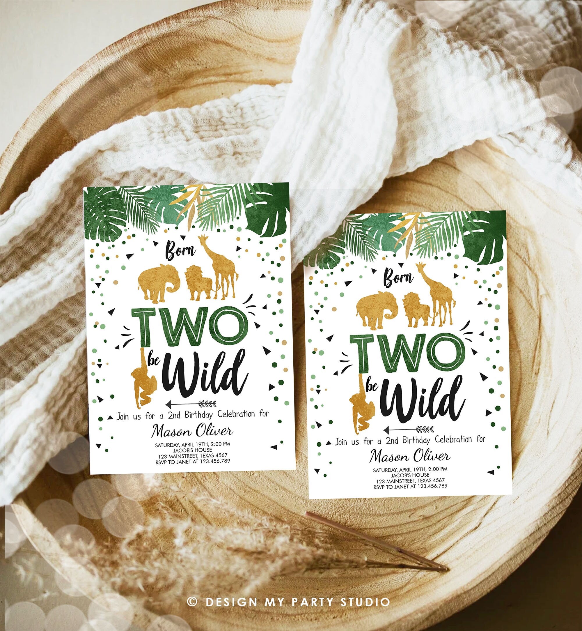 Editable Born Two Be Wild Birthday Invitation Boy Animals Jungle Safari Green Gold 2nd Birthday Download Printable Template Corjl 0016