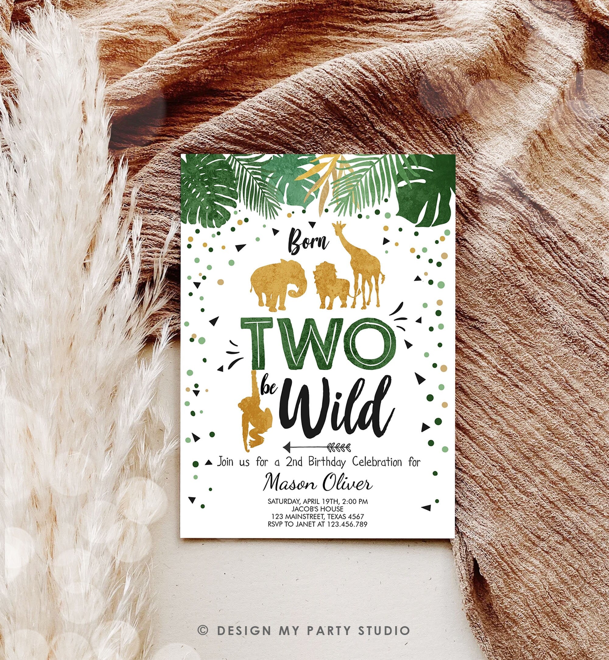 Editable Born Two Be Wild Birthday Invitation Boy Animals Jungle Safari Green Gold 2nd Birthday Download Printable Template Corjl 0016