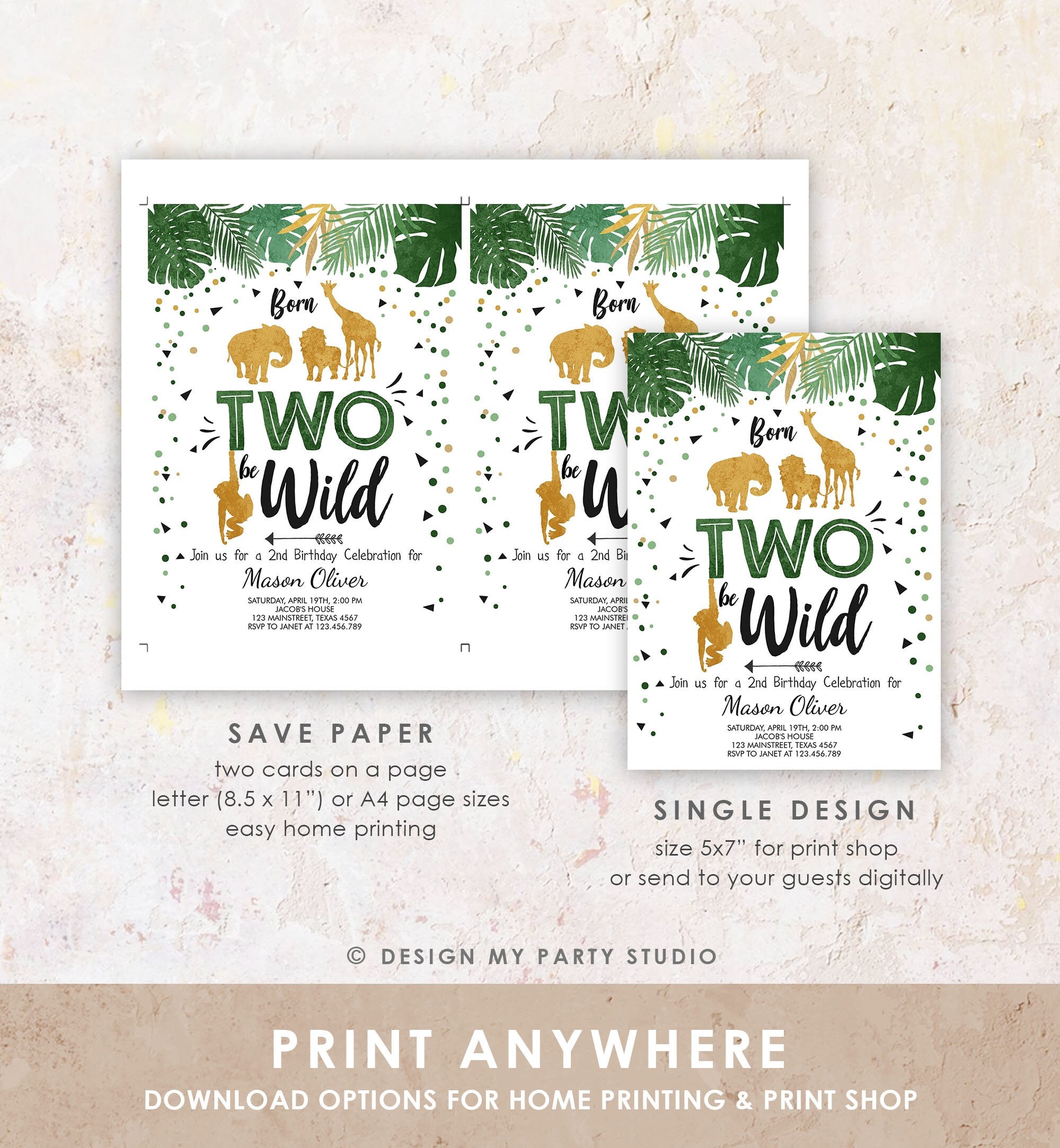 Editable Born Two Be Wild Birthday Invitation Boy Animals Jungle Safari Green Gold 2nd Birthday Download Printable Template Corjl 0016