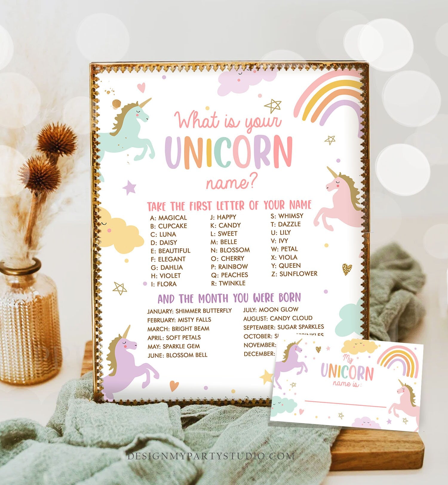 What Is your Unicorn Name Game Unicorn Birthday Game Party Activity Magical Unicorn Rainbow Pastel Girl Template Printable Corjl 0426