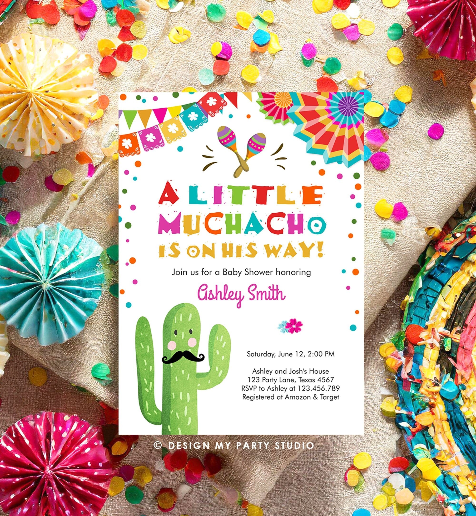 Editable Little Muchacho Fiesta Baby Shower Invitation Cactus Mexican Succulent Señor on the Way Blue Pink Download Corjl Template 0045