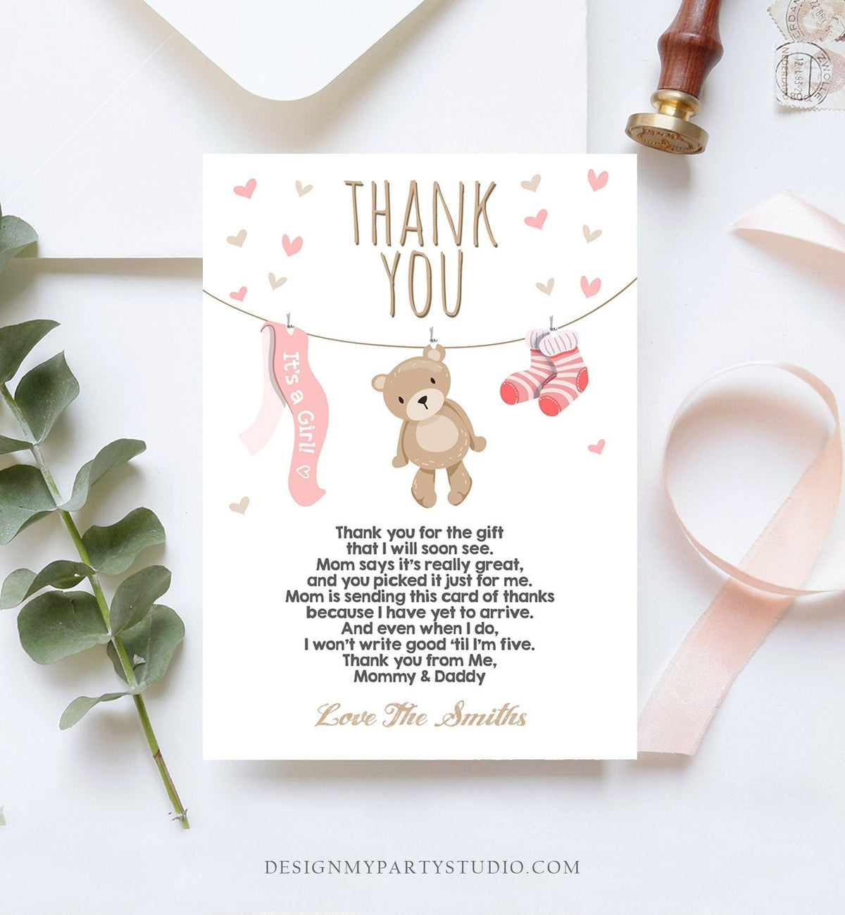 Editable Baby Shower Thank You Card Teddy Bear Thank You Note Shower Pink Girl Woodland Animals Template Instant Download Digital Corjl 0025