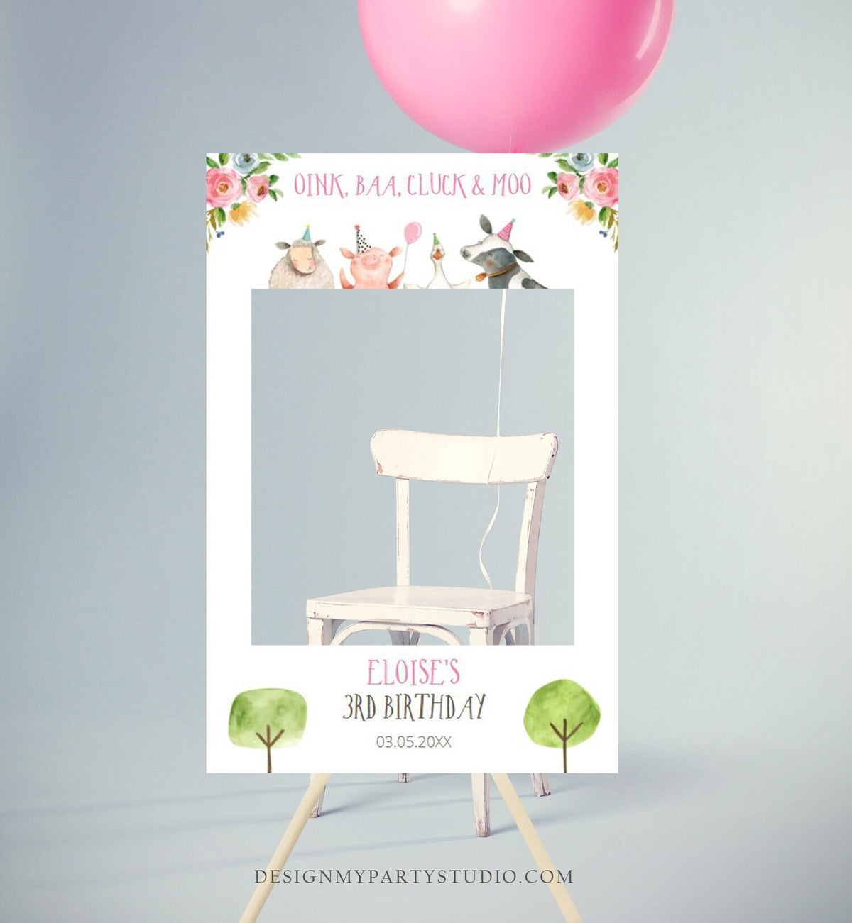 Editable Farm Animals Birthday Photo Prop Frame Barnyard Birthday Pink Girl Party Photo Booth Decor Farm Animals Template Printable 0155