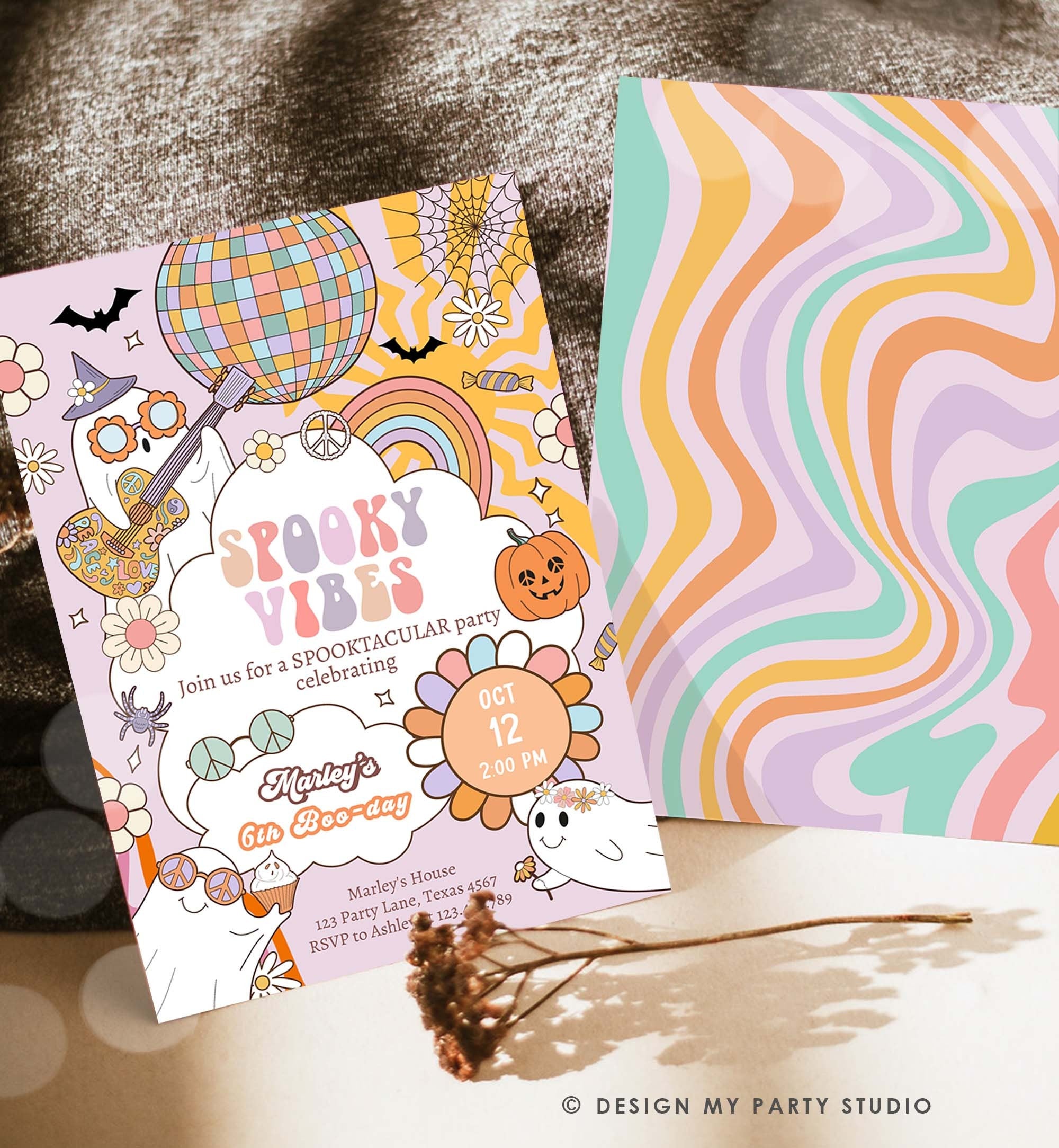 Editable Groovy Halloween Birthday Invitation Pink spooky Vibes Ghost Party Girl Spooktacular Spooky Download Printable Template Corjl 0471