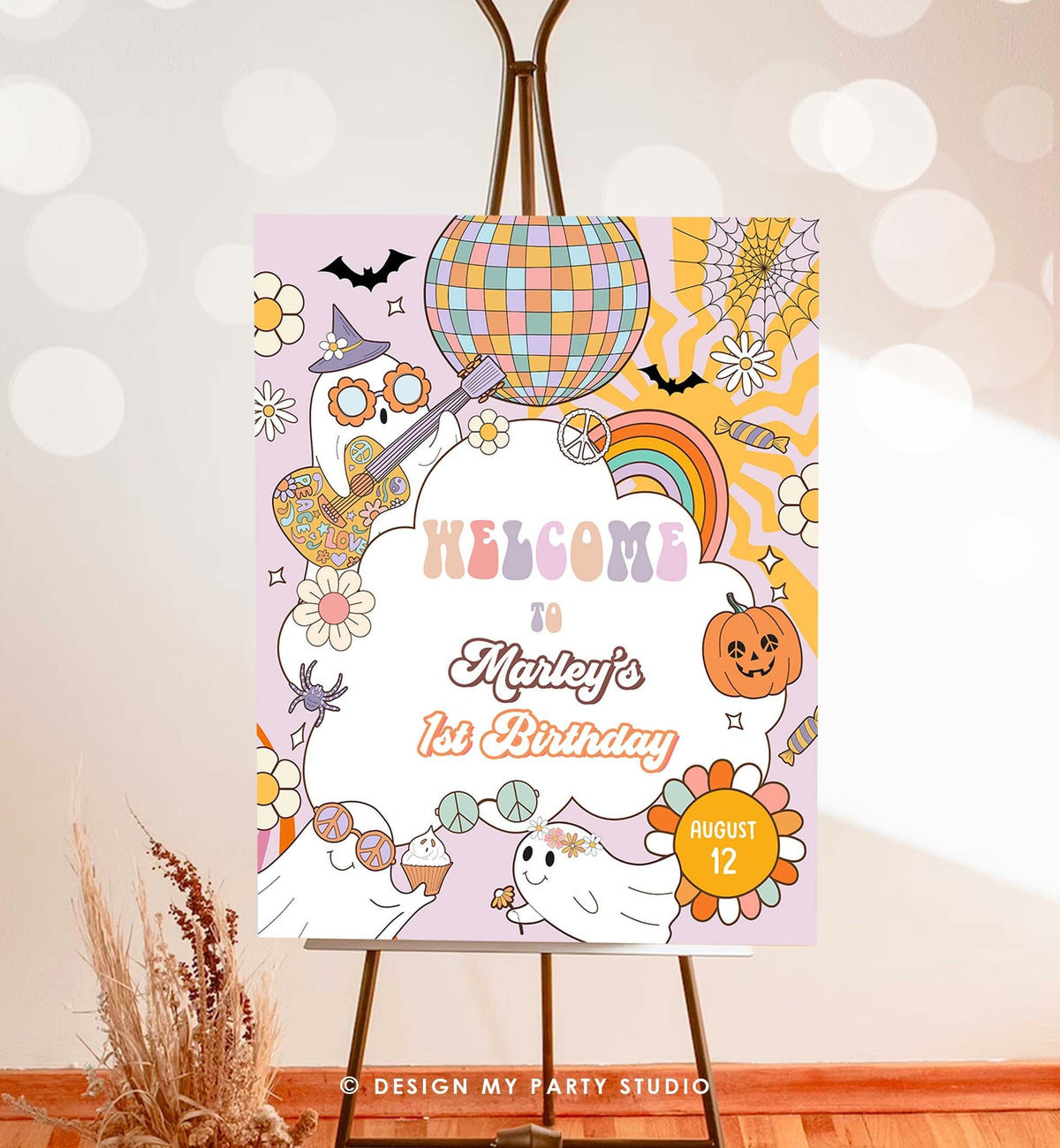 Editable Groovy Halloween Birthday Welcome Sign Floral Boho Spooky Party Retro 70&#39;s Hippie Festival Download Template Corjl PRINTABLE 0471