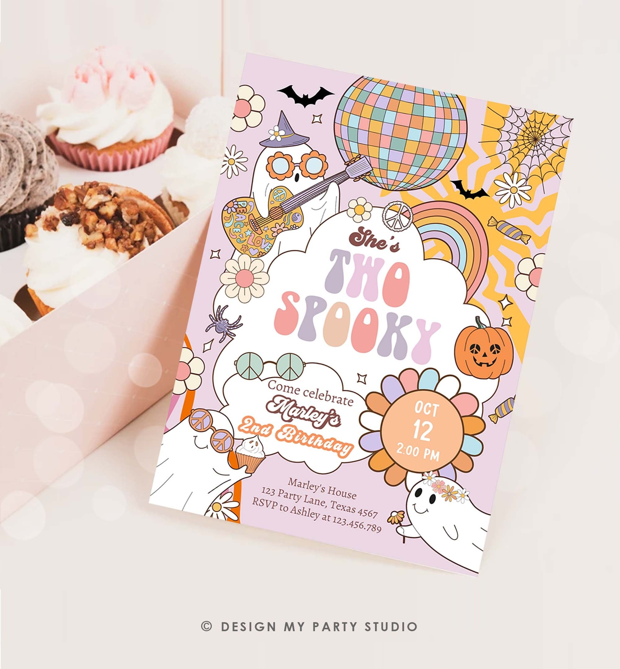 Editable Groovy Halloween Two Spooky Birthday Invitation Pink Ghost Party Girl Boo Spooktacular Party Download Printable Template Corjl 0471