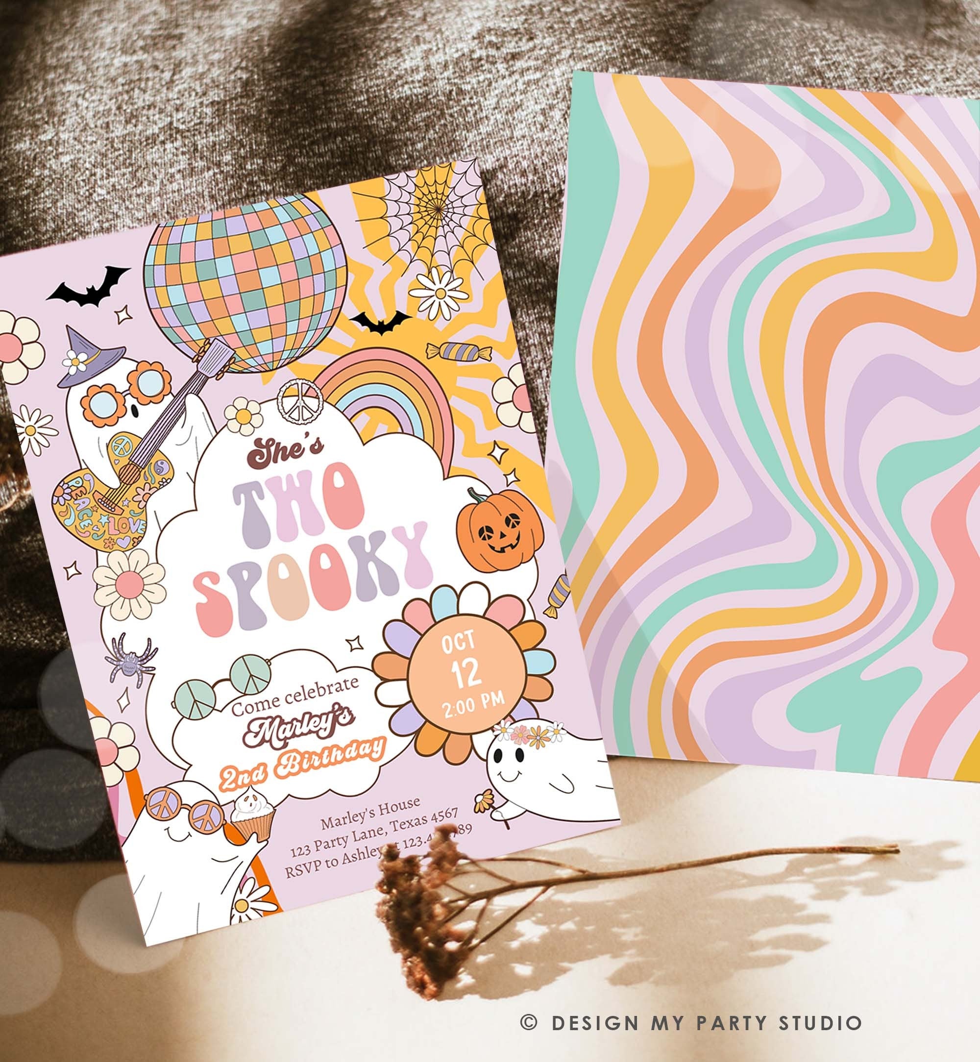 Editable Groovy Halloween Two Spooky Birthday Invitation Pink Ghost Party Girl Boo Spooktacular Party Download Printable Template Corjl 0471