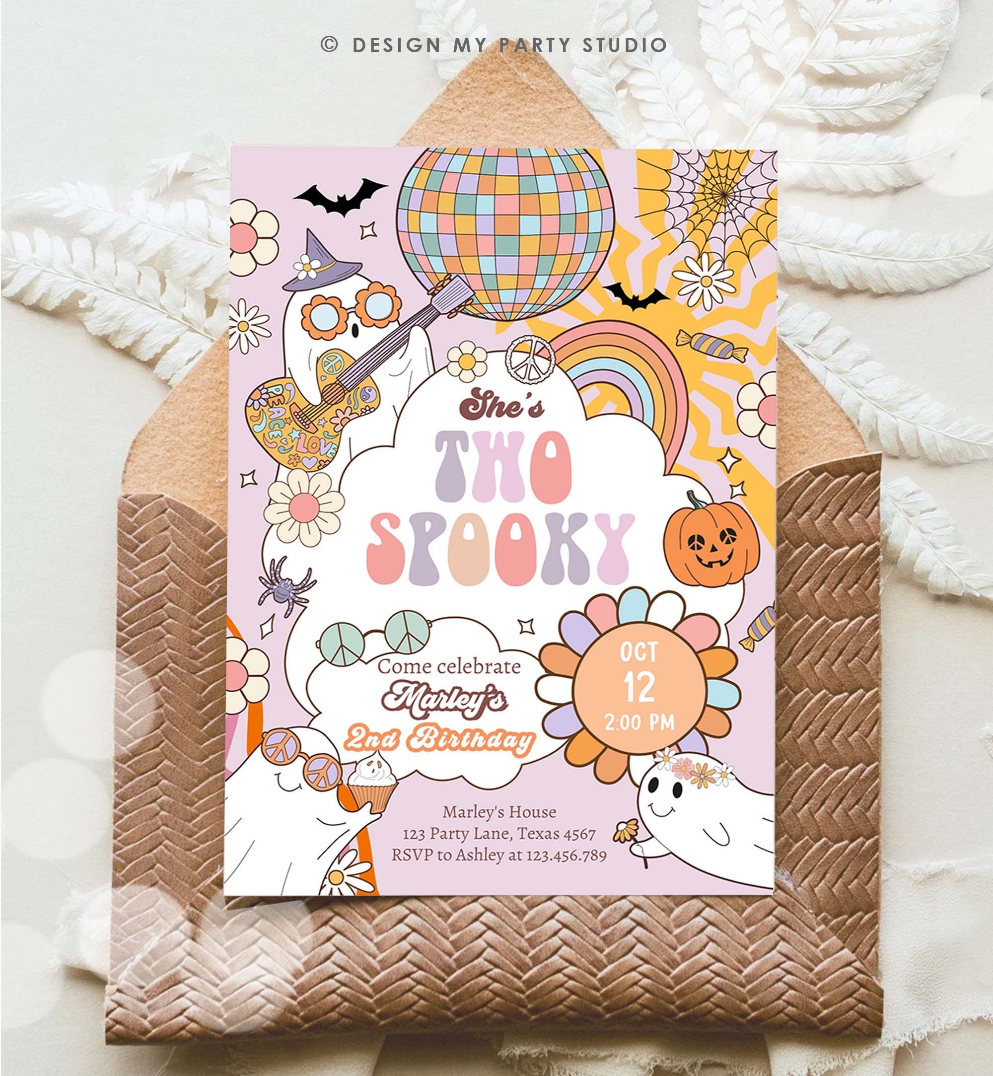 Editable Groovy Halloween Two Spooky Birthday Invitation Pink Ghost Party Girl Boo Spooktacular Party Download Printable Template Corjl 0471