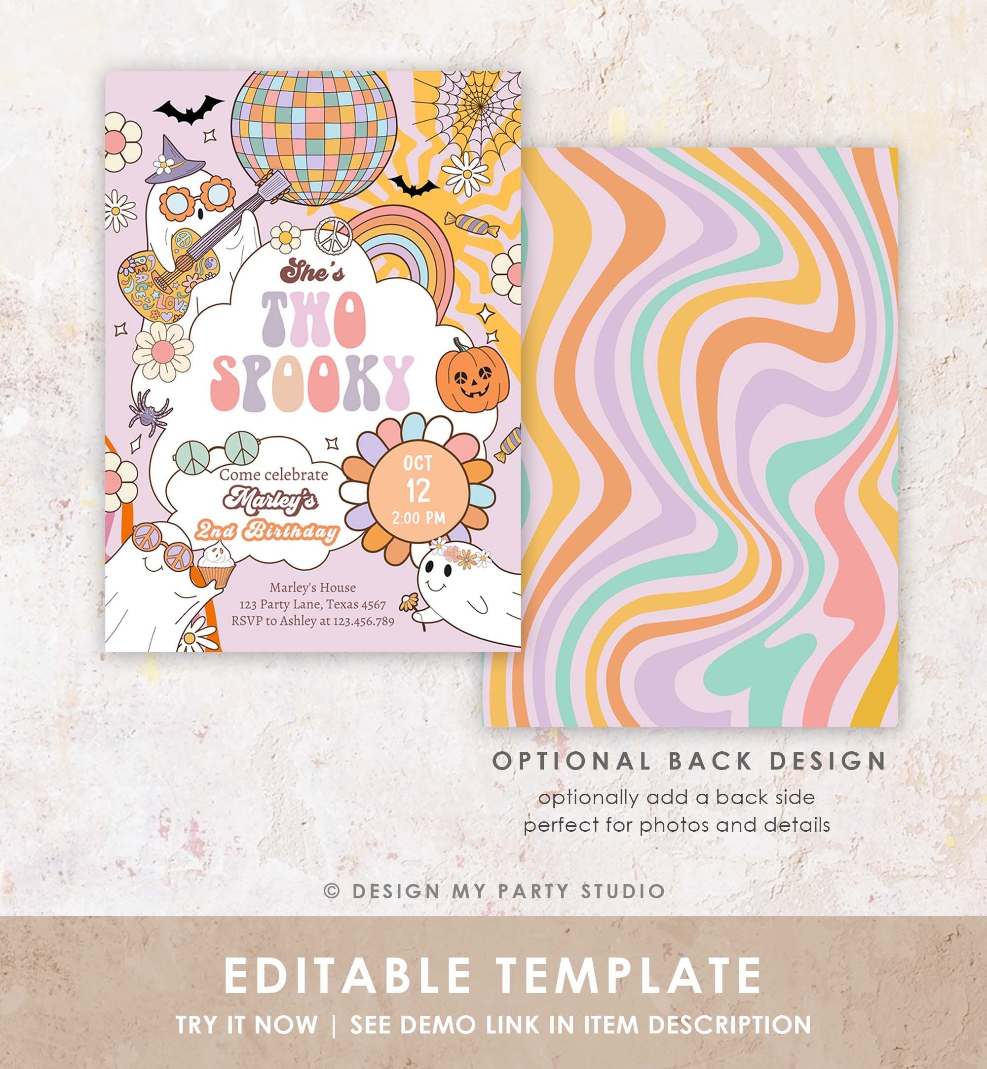 Editable Groovy Halloween Two Spooky Birthday Invitation Pink Ghost Party Girl Boo Spooktacular Party Download Printable Template Corjl 0471