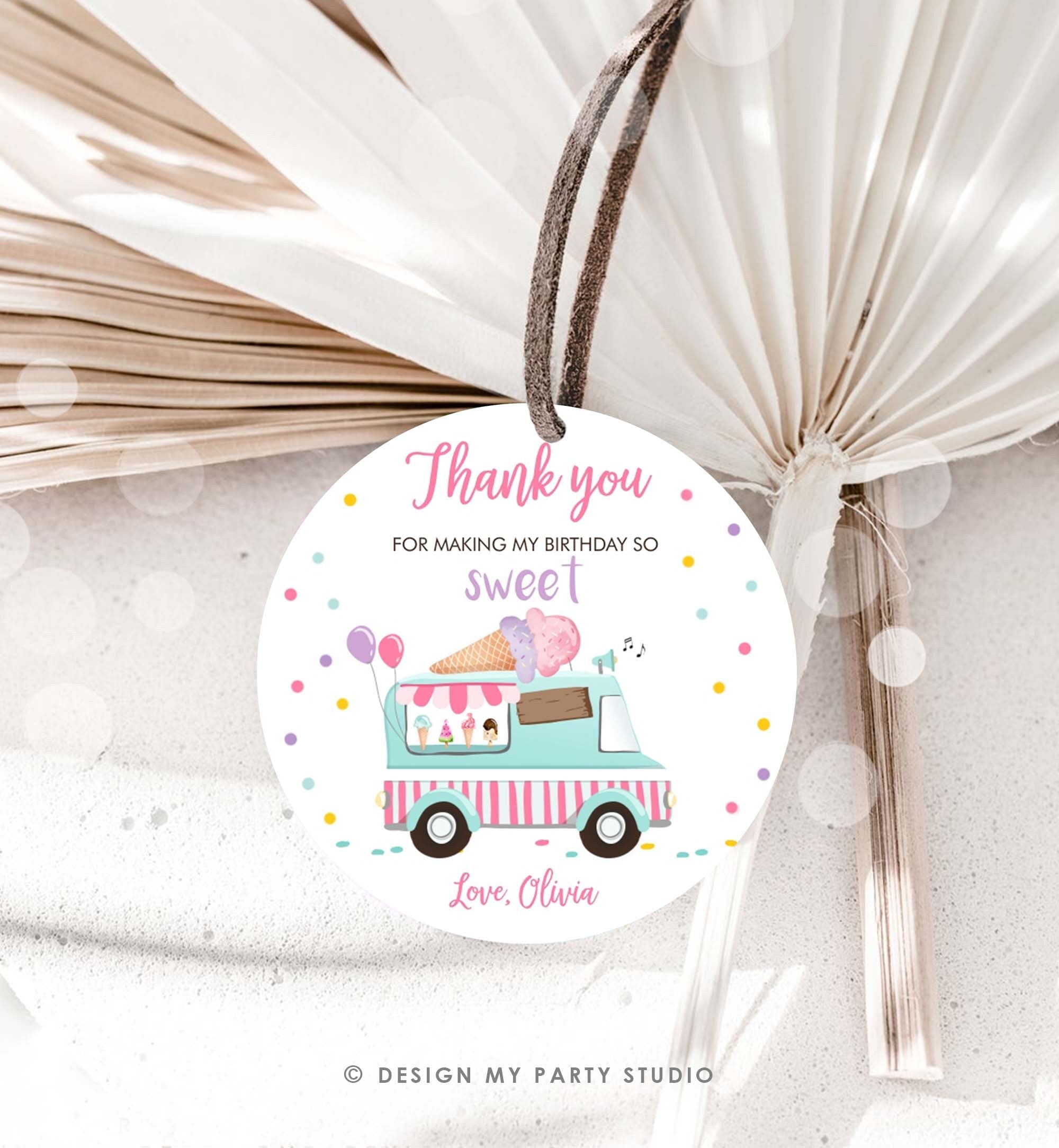 Editable Ice Cream Truck Favor Thank You Tags Ice Cream Birthday Party Modern Girl Pink Purple Gift Bag Labels Corjl Template PRINTABLE 0243