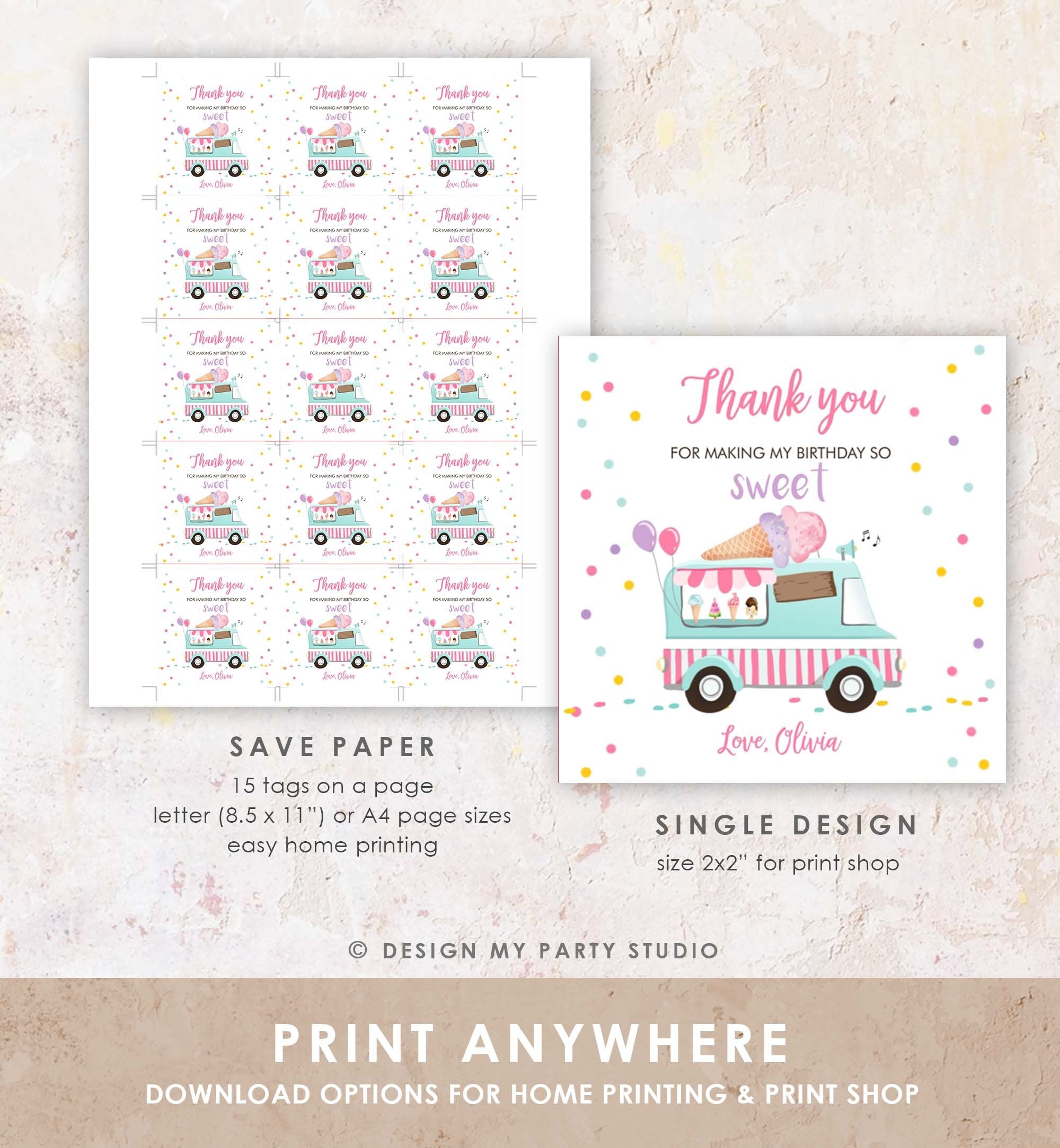 Editable Ice Cream Truck Favor Thank You Tags Ice Cream Birthday Party Modern Girl Pink Purple Gift Bag Labels Corjl Template PRINTABLE 0243