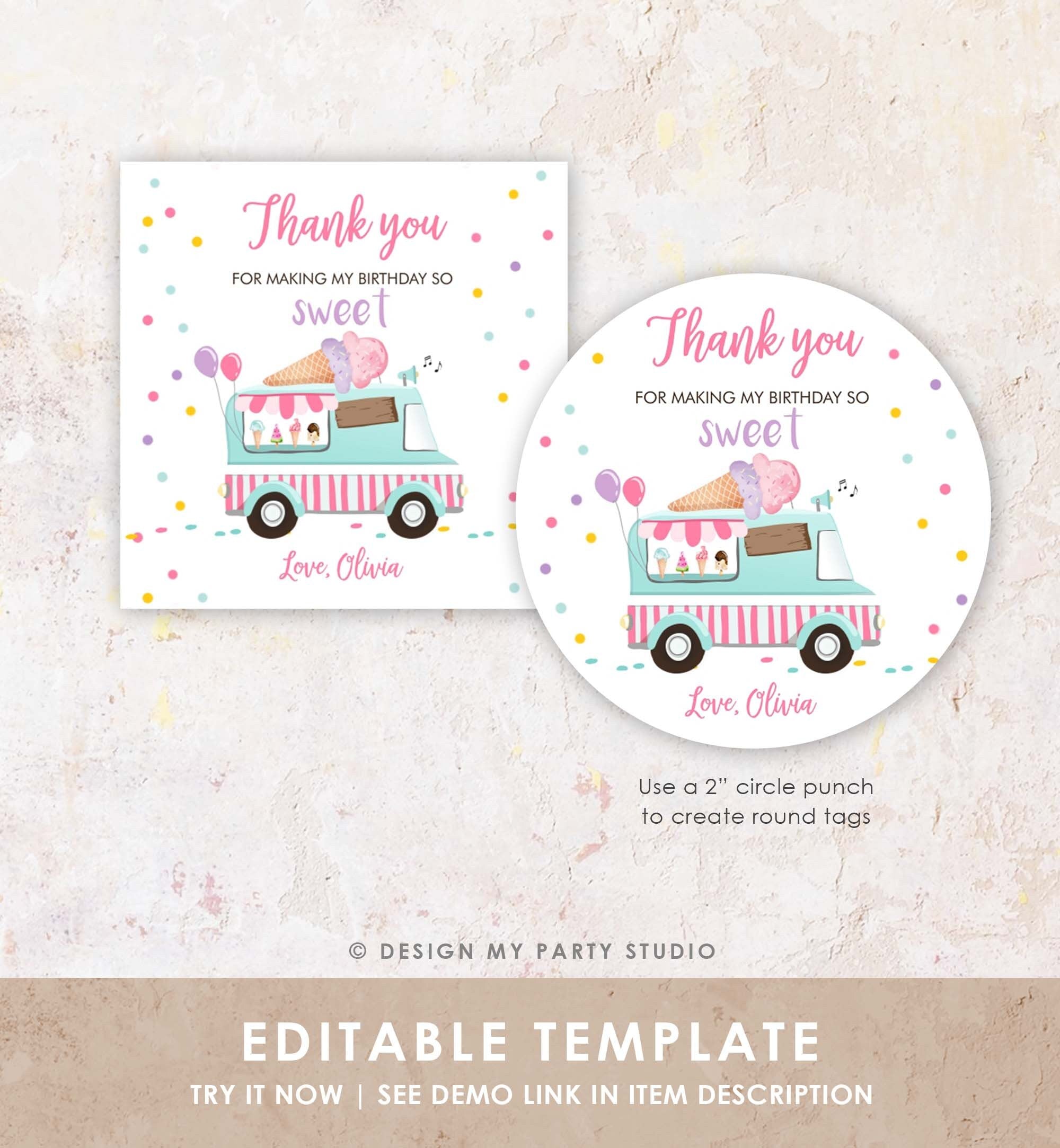 Editable Ice Cream Truck Favor Thank You Tags Ice Cream Birthday Party Modern Girl Pink Purple Gift Bag Labels Corjl Template PRINTABLE 0243