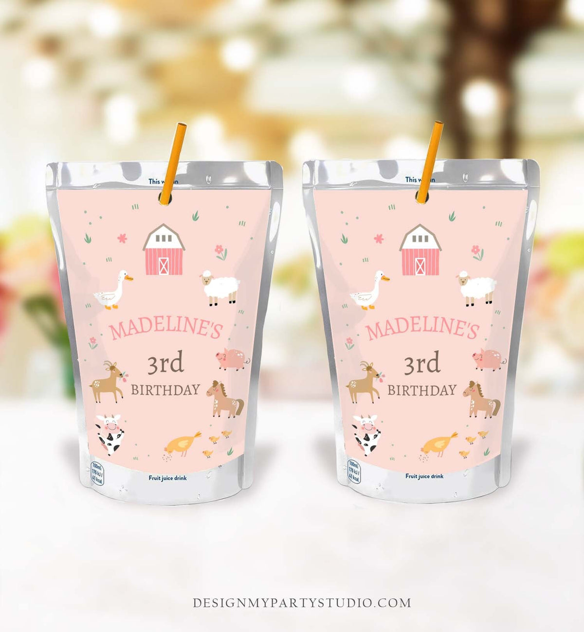 Editable Farm Animals Juice Pouch Label Juice Favors Party Animals Birthday Barnyard Party Girl Pink Farm Download Template Printable 0436