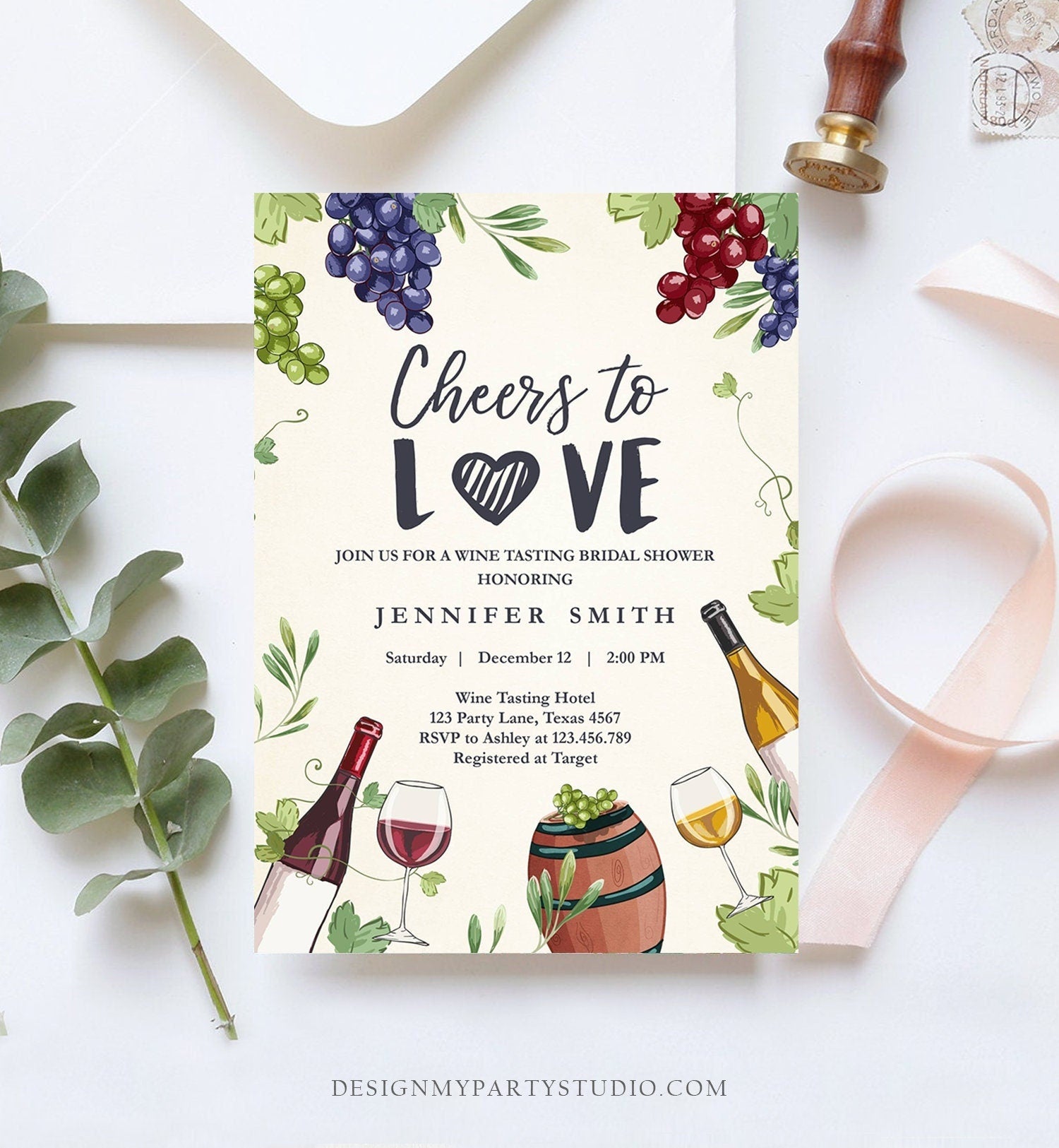 Editable Wine Bridal Shower Invitation Rustic Winery Cheers To Love Country Wine Tasting Couples Digital Download Template Printable 0234