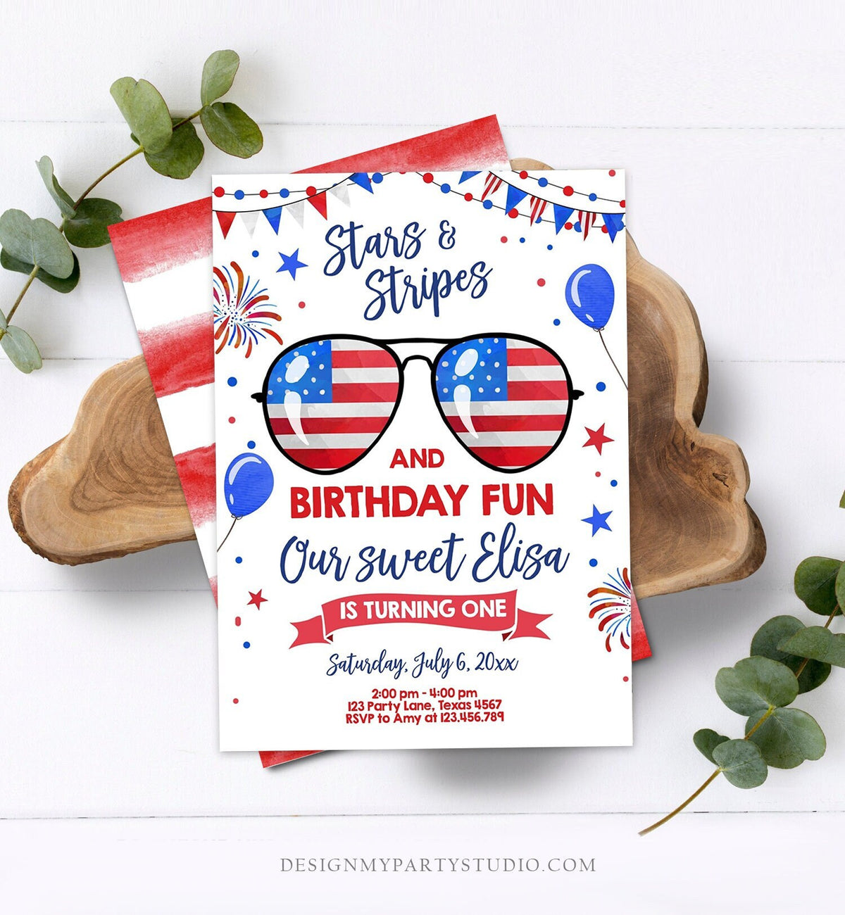 Editable Memorial Day Birthday Invitation 4th of July Little Firecracker Stars and Stripes Red White Blue Template Corjl Digital 0122