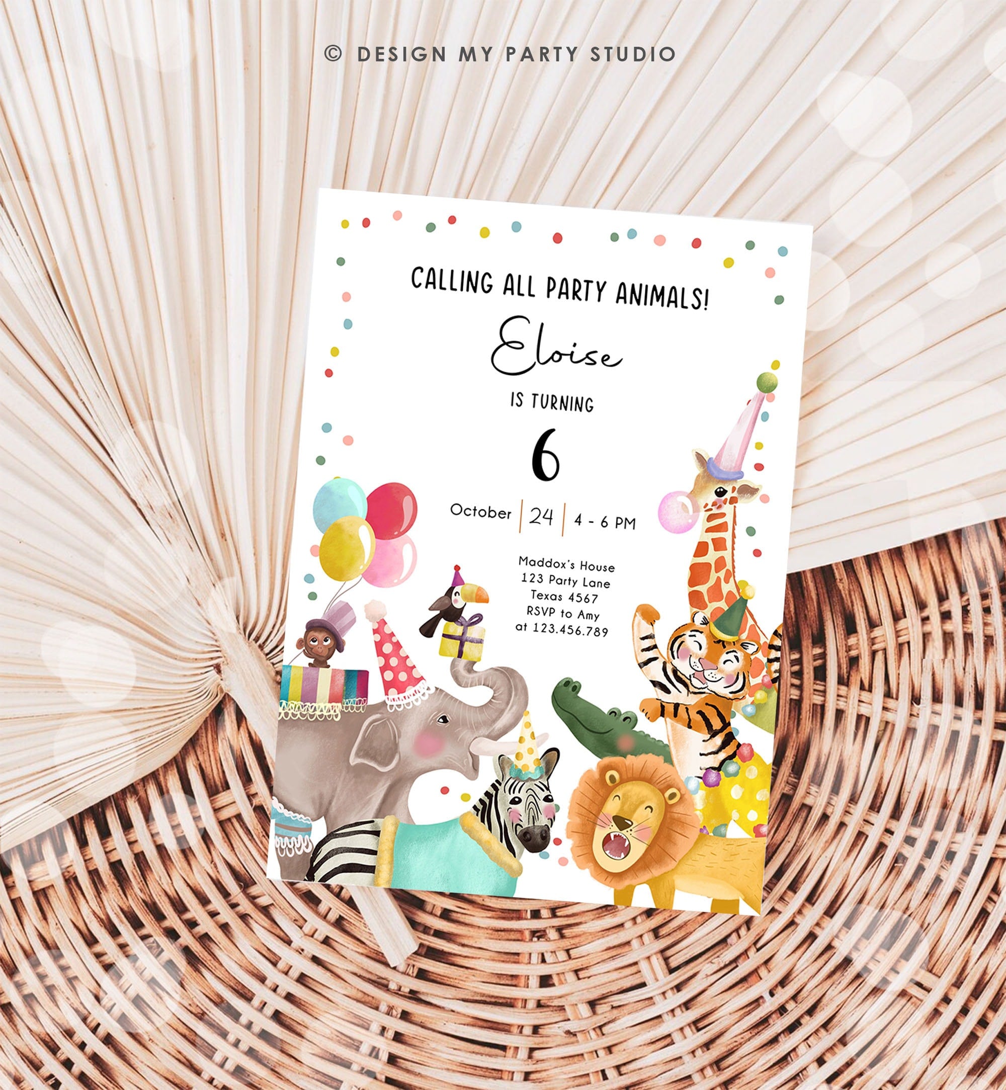 Editable Calling All Party Animals Birthday Invitation Wild One Jungle Zoo Safari Animals Boy Girl Download Printable Corjl Template 0482