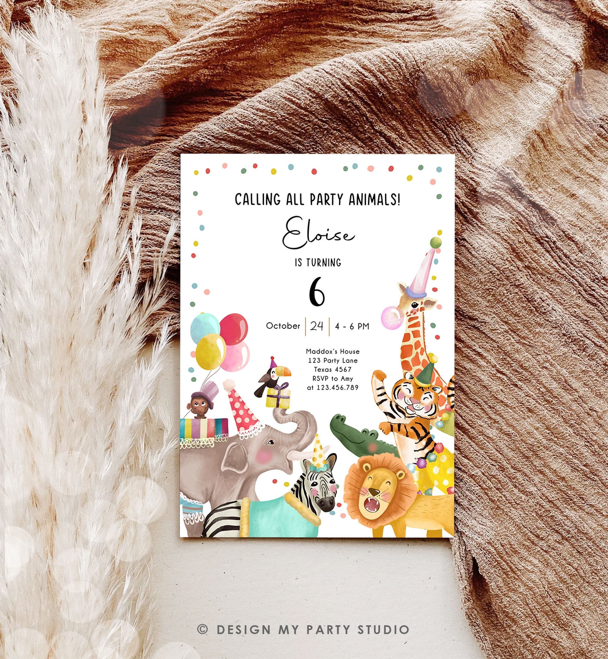 Editable Calling All Party Animals Birthday Invitation Wild One Jungle Zoo Safari Animals Boy Girl Download Printable Corjl Template 0482