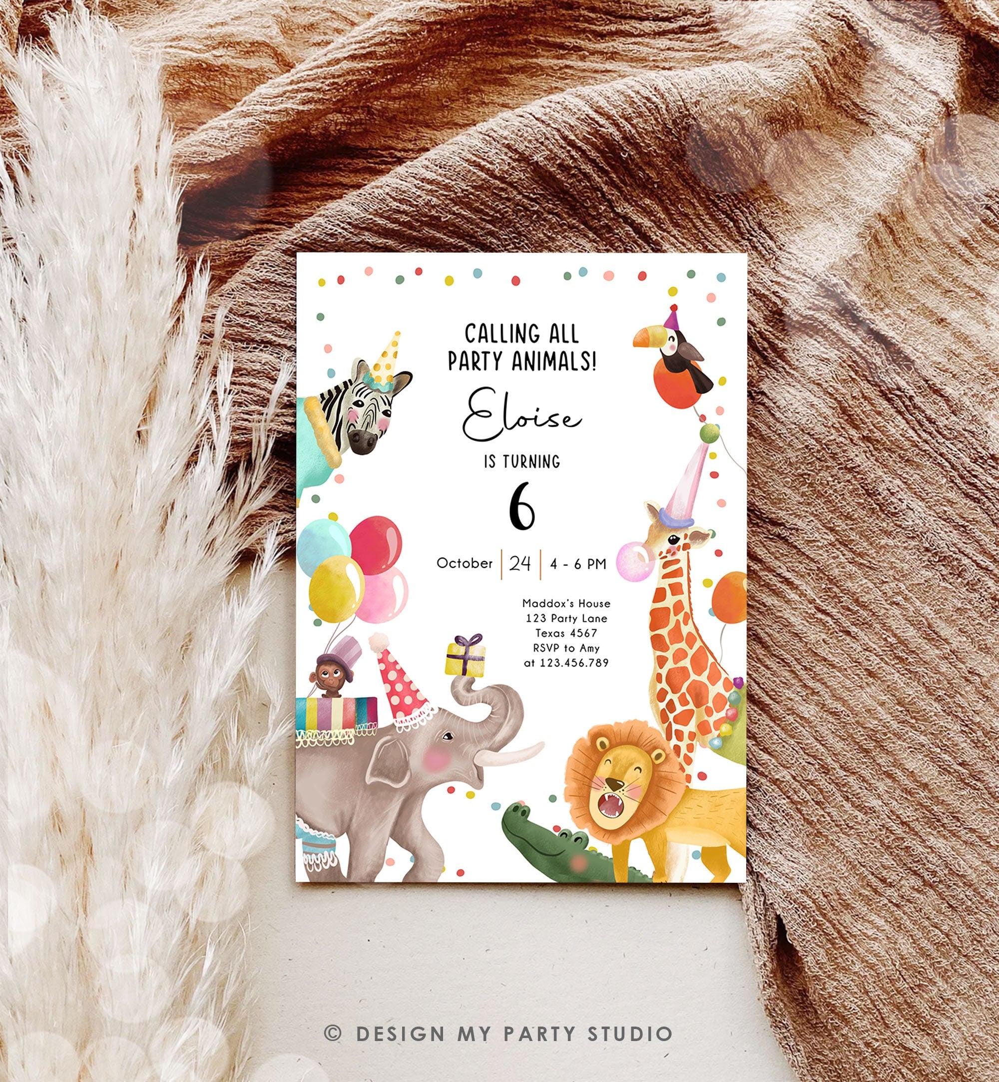 Editable Calling All Party Animals Birthday Invitation Wild One Jungle Zoo Safari Animals Photo Download Printable Corjl Template 0482