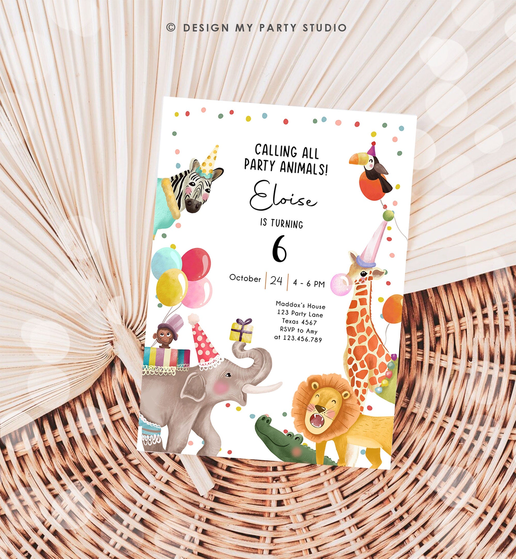 Editable Calling All Party Animals Birthday Invitation Wild One Jungle Zoo Safari Animals Photo Download Printable Corjl Template 0482