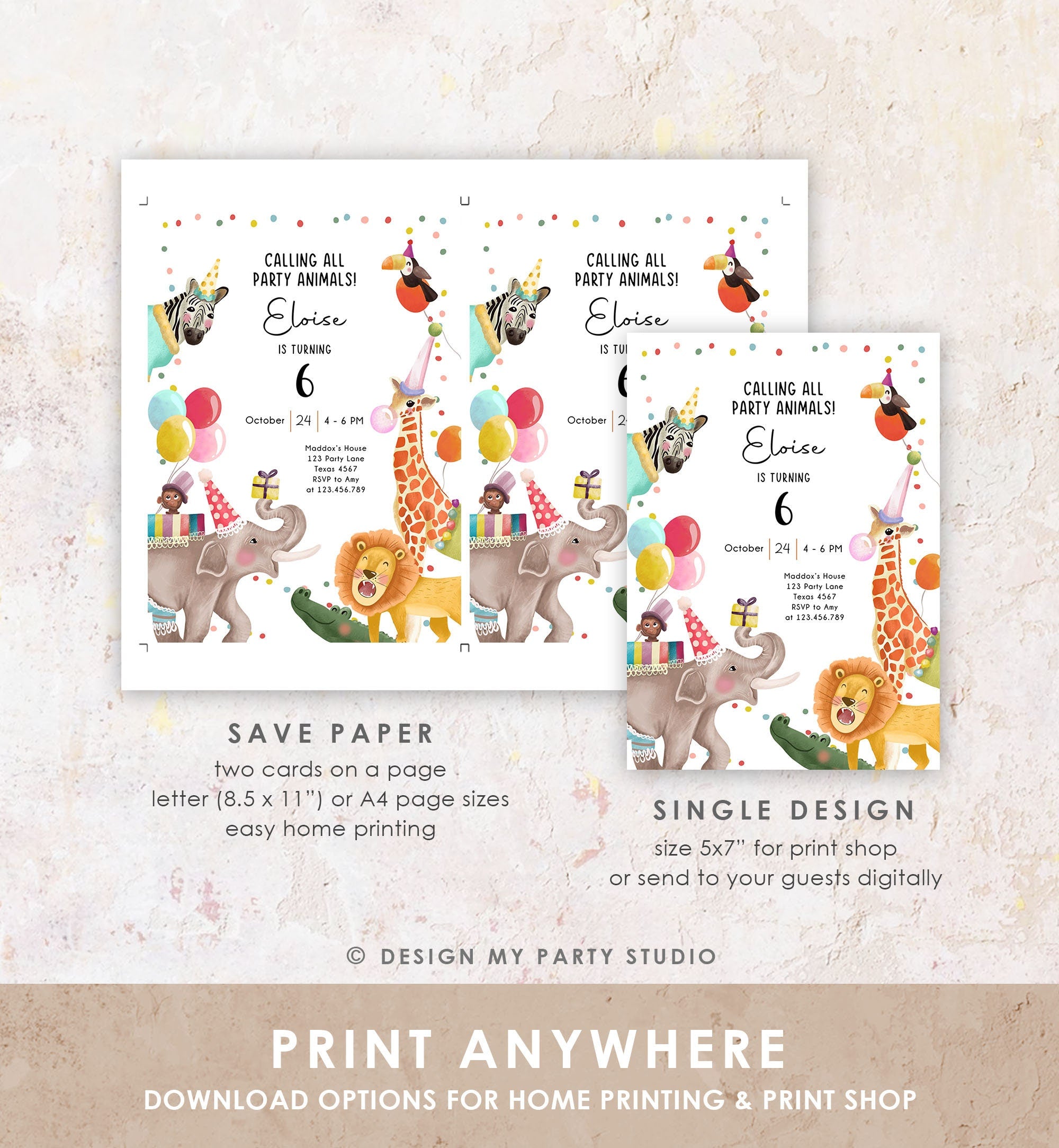 Editable Calling All Party Animals Birthday Invitation Wild One Jungle Zoo Safari Animals Photo Download Printable Corjl Template 0482