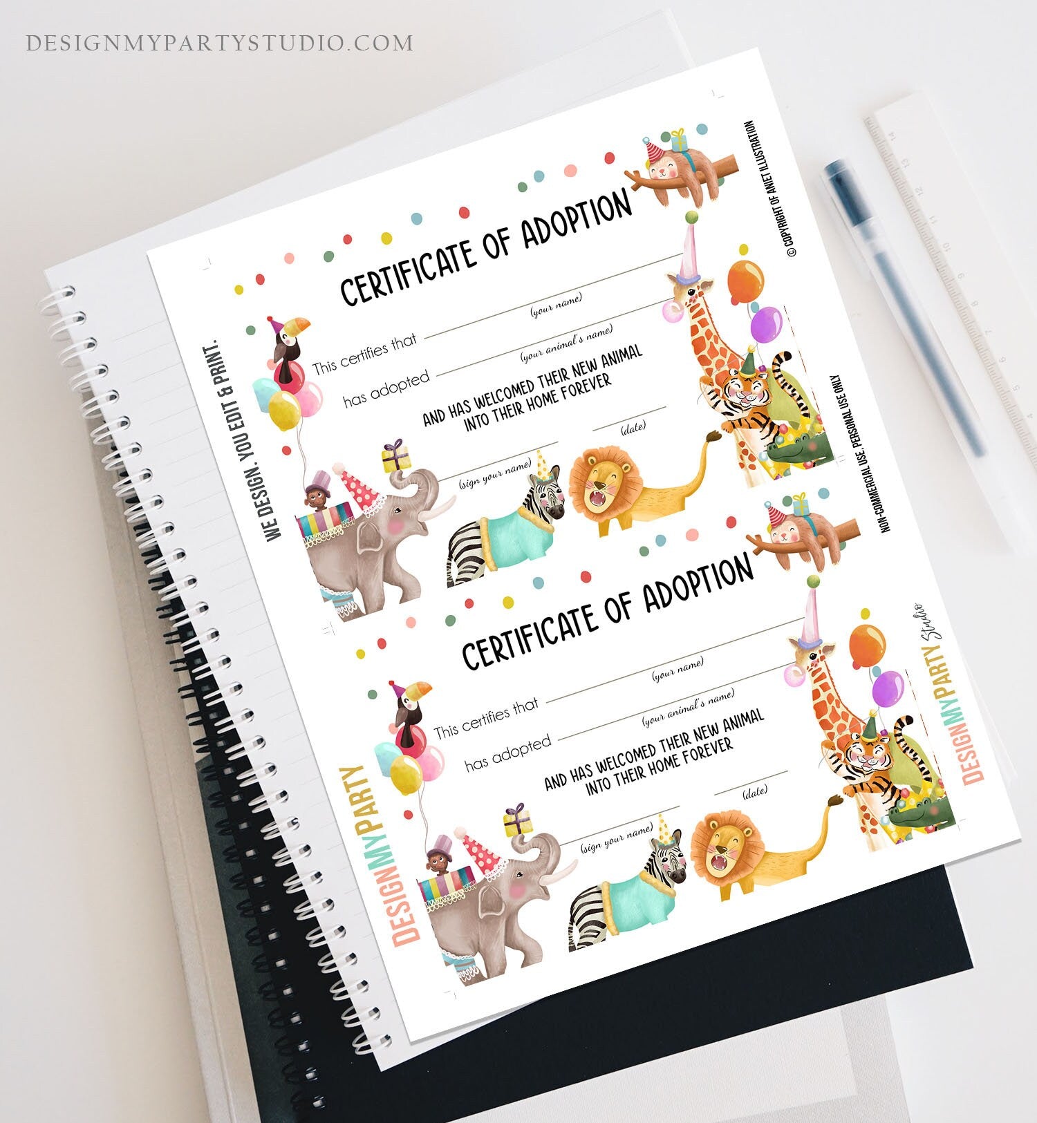 Adopt an Animal Adoption Certificate Safari Adoption Wild One Birthday Party Animals Birthday Instant Download Digital PRINTABLE 0482