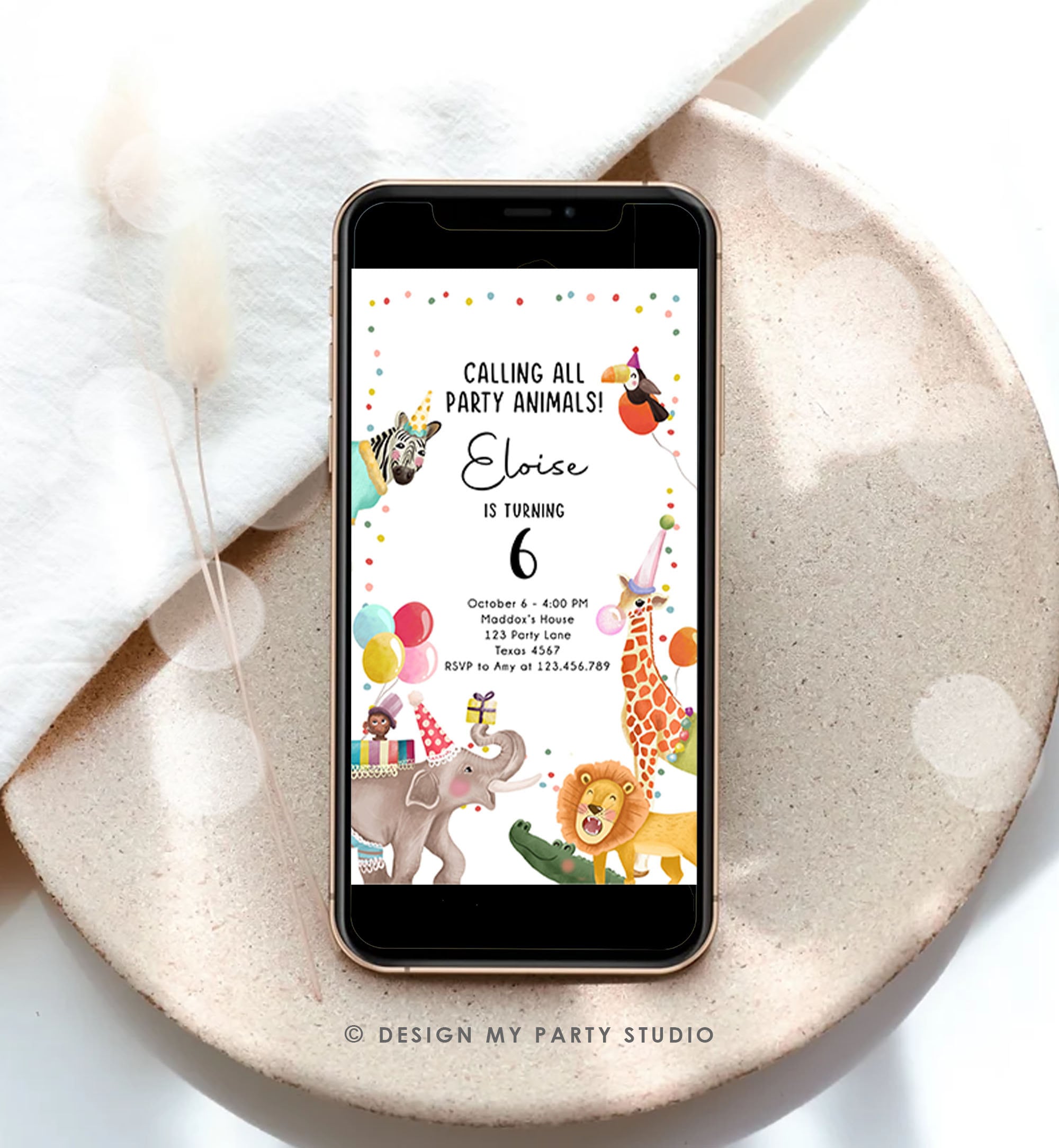 Editable Party Animals Birthday Evite Wild One Animals Invitation Zoo Safari Animals Girl Download Digital Invite iPhone Template Corjl 0482