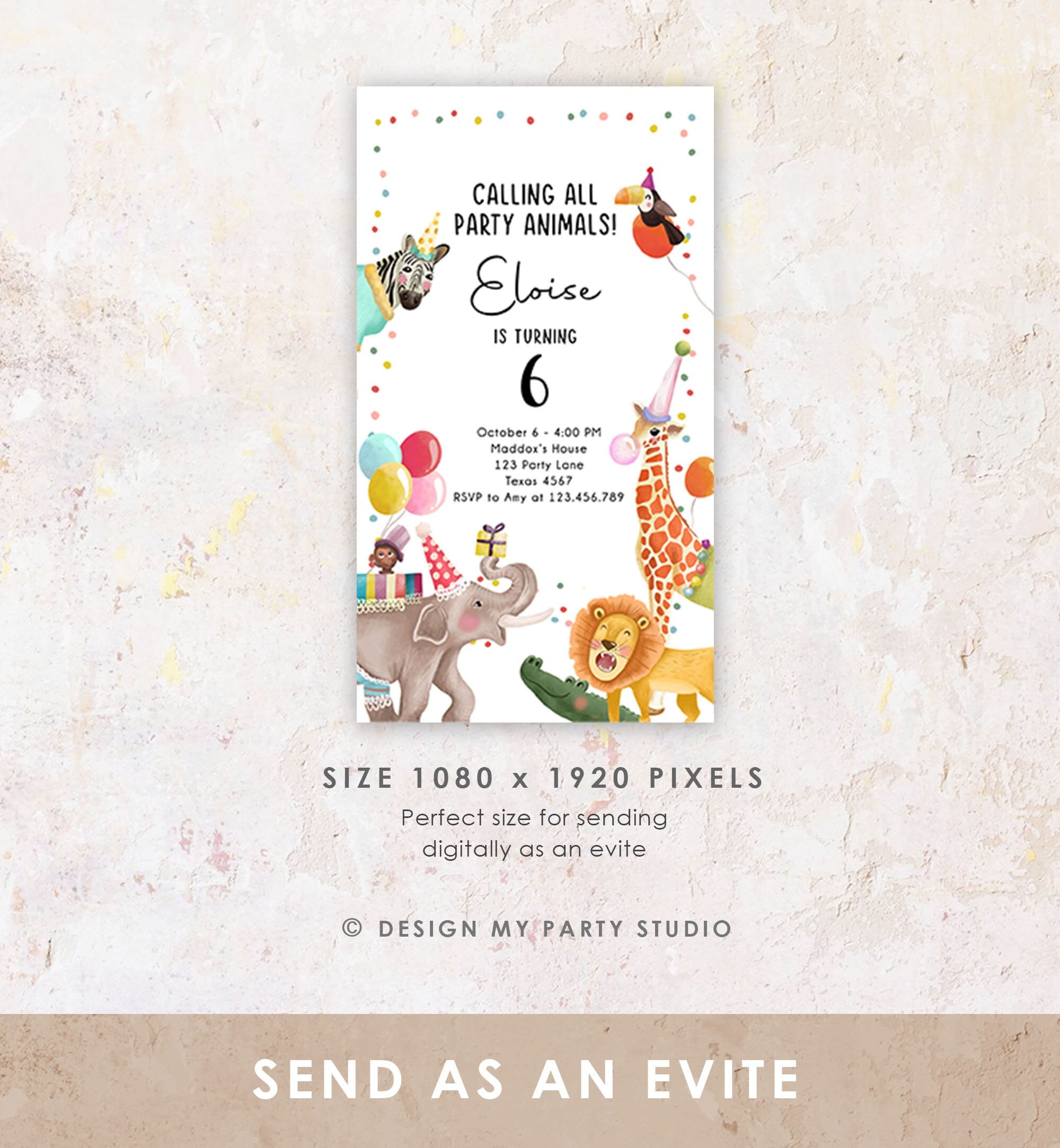 Editable Party Animals Birthday Evite Wild One Animals Invitation Zoo Safari Animals Girl Download Digital Invite iPhone Template Corjl 0482