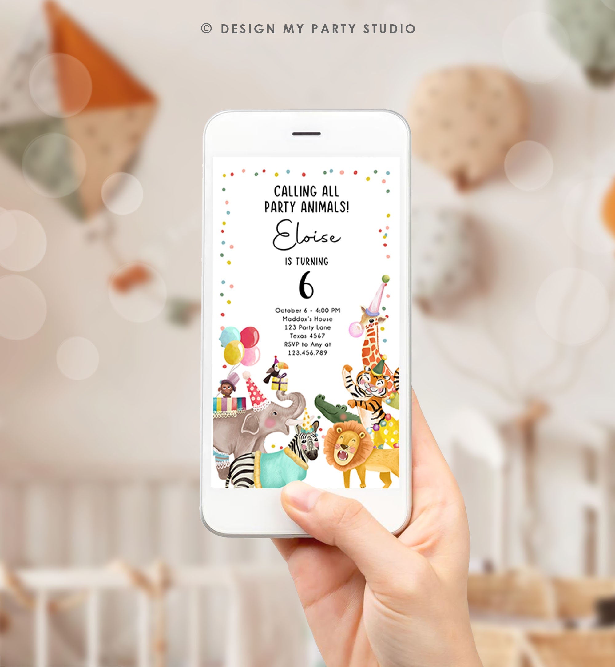 Editable Party Animals Birthday Evite Wild One Animals Invitation Zoo Safari Animals Girl Download Digital Invite iPhone Template Corjl 0482