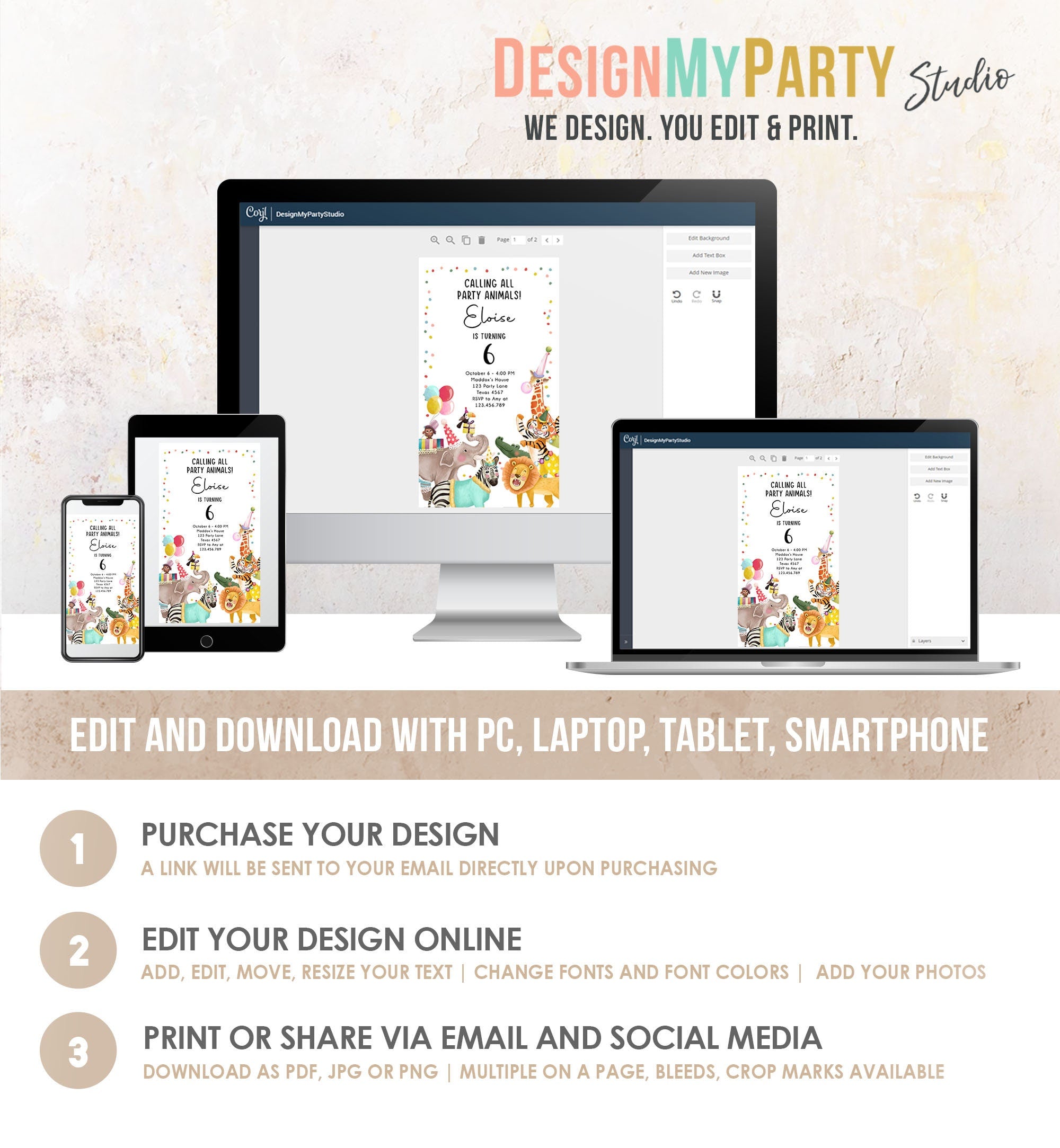 Editable Party Animals Birthday Evite Wild One Animals Invitation Zoo Safari Animals Girl Download Digital Invite iPhone Template Corjl 0482