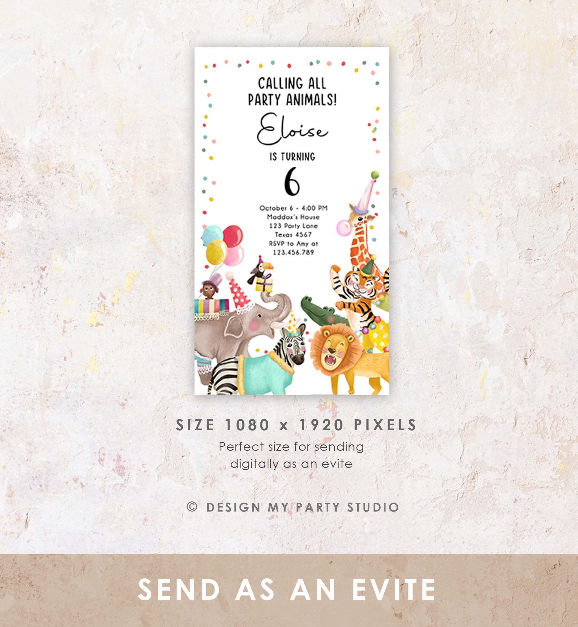 Editable Party Animals Birthday Evite Wild One Animals Invitation Zoo Safari Animals Girl Download Digital Invite iPhone Template Corjl 0482