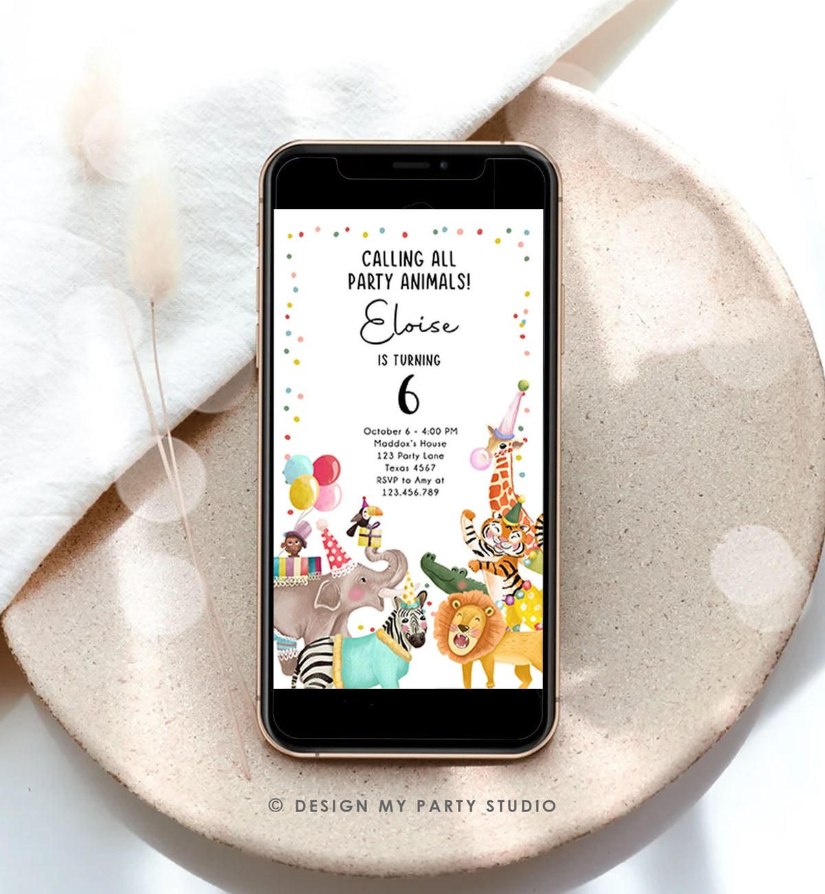 Editable Party Animals Birthday Evite Wild One Animals Invitation Zoo Safari Animals Girl Download Digital Invite iPhone Template Corjl 0482