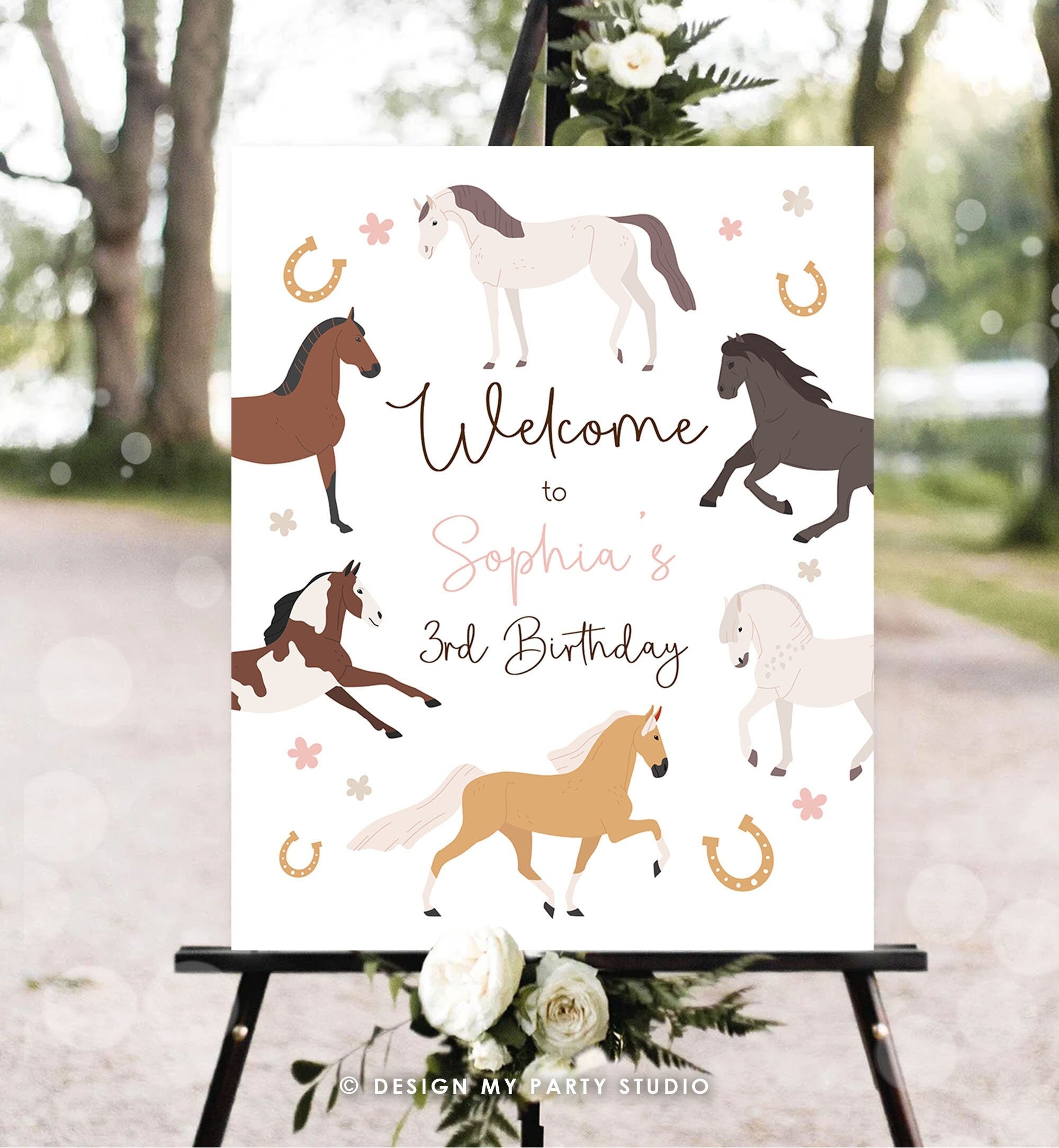 Editable Horse Birthday Welcome Sign Pony Birthday Welcome Sign Cowgirl Party Floral Girl Horse Party Download Template Corjl PRINTABLE 0513