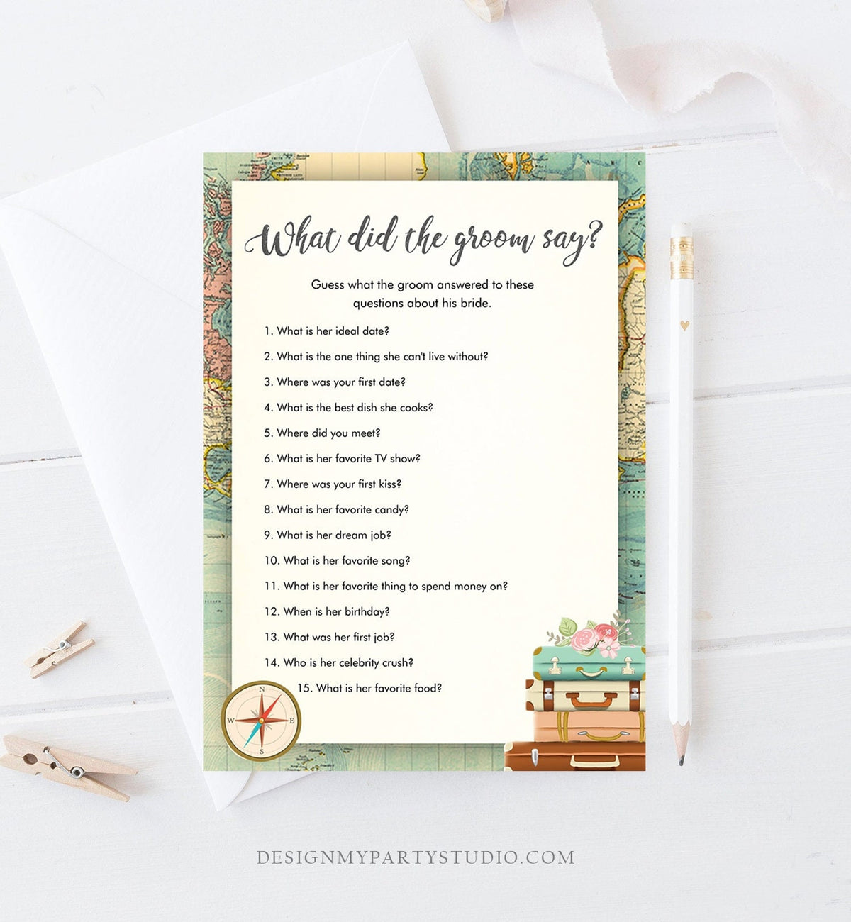 Editable What Did the Groom Say Bridal Shower Game Travel Wedding Shower Activity Rustic Vintage Map Party Corjl Template Printable 0044