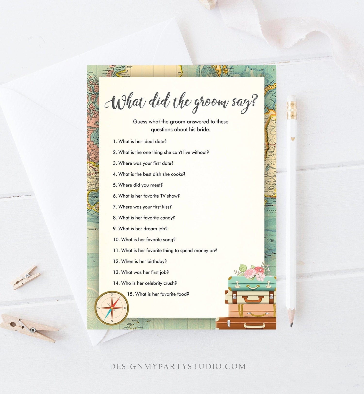 Editable What Did the Groom Say Bridal Shower Game Travel Wedding Shower Activity Rustic Vintage Map Party Corjl Template Printable 0044