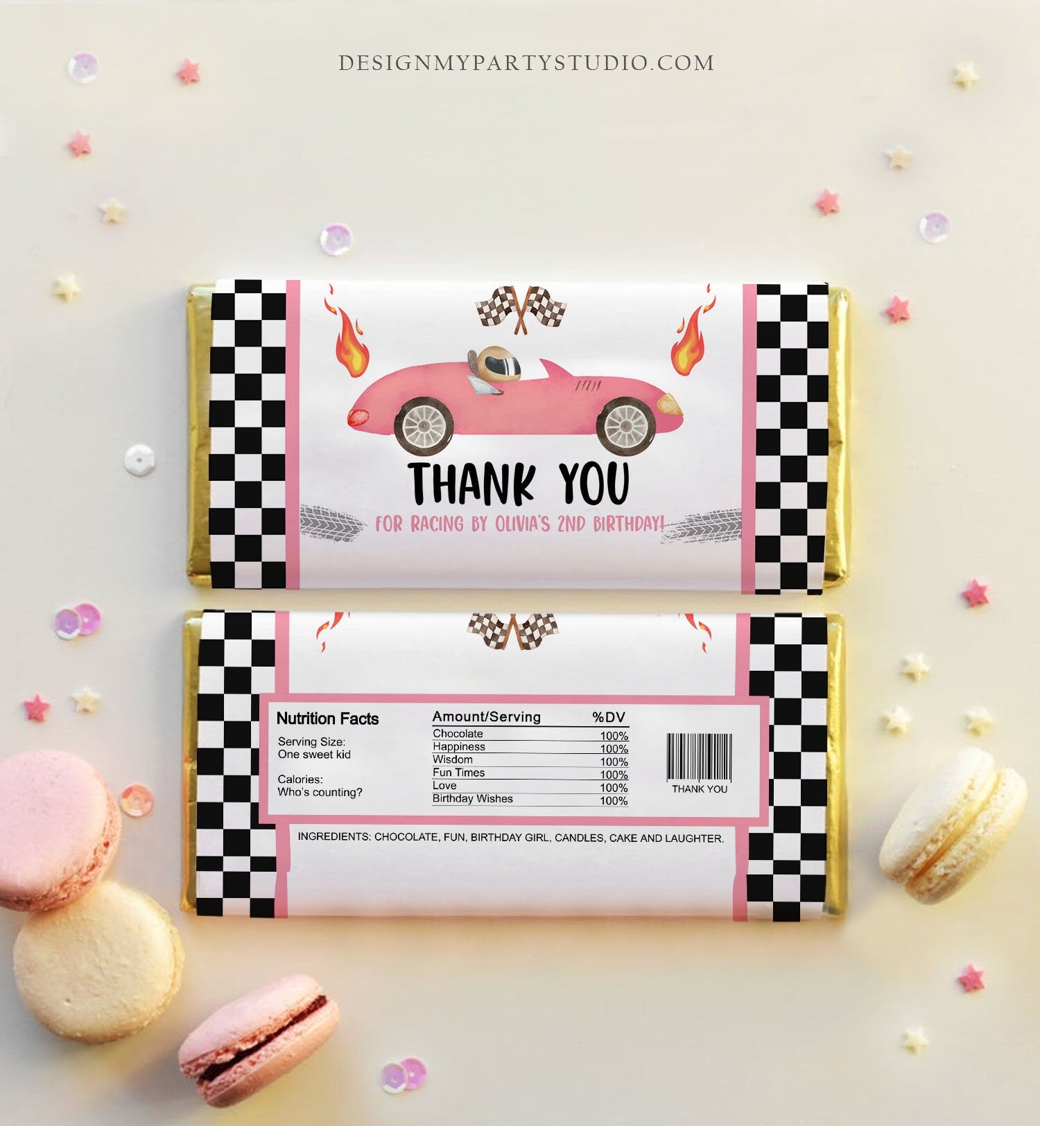 Editable Race Car Chocolate Bar Labels Candy Bar Wrapper Racing Birthday Girl Two Fast Party Pink Car Download Corjl Template Printable 0424