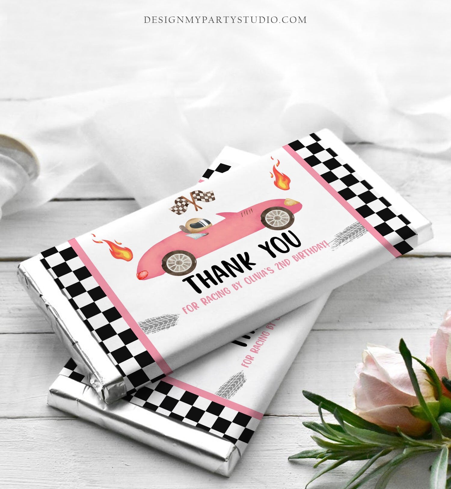 Editable Race Car Chocolate Bar Labels Candy Bar Wrapper Racing Birthday Girl Two Fast Party Pink Car Download Corjl Template Printable 0424