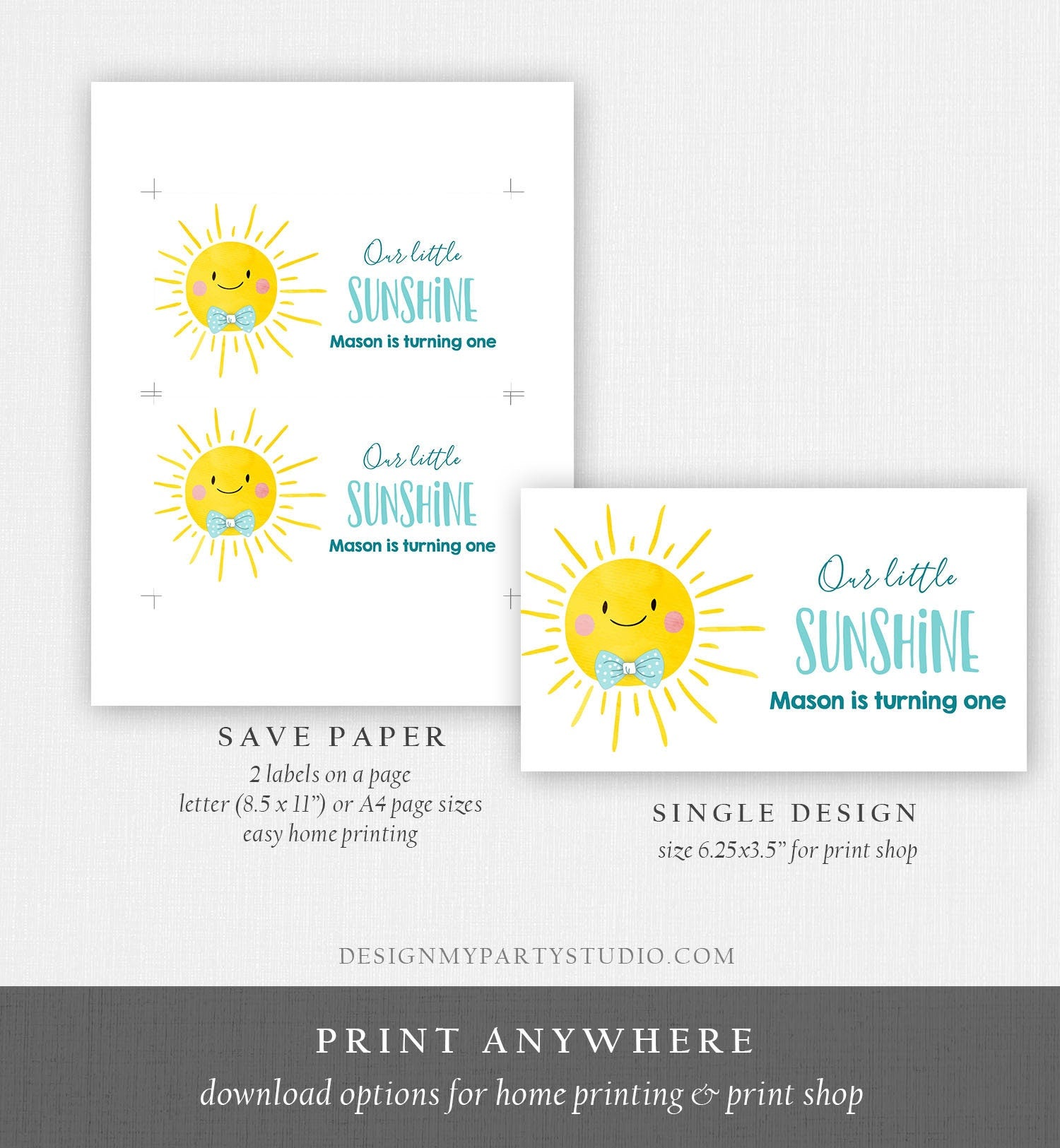 Editable Sunshine Boy Birthday Party Gable Box Favor Label Boho Sun Gift Box Labels Sun First Trip Blue Download Printable Corjl 0141