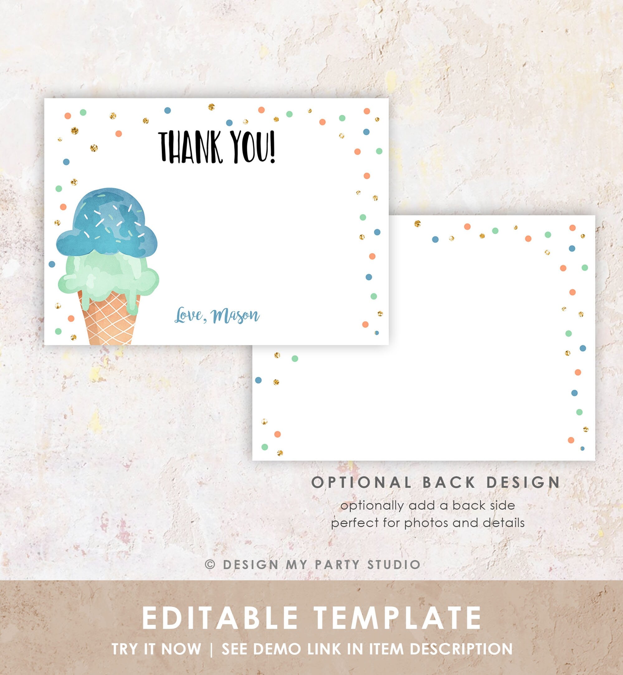 Editable Ice Cream Thank You Card Ice Cream Birthday Thank you Note Boy Birthday Summer Digital Download Corjl Template Printable 0243