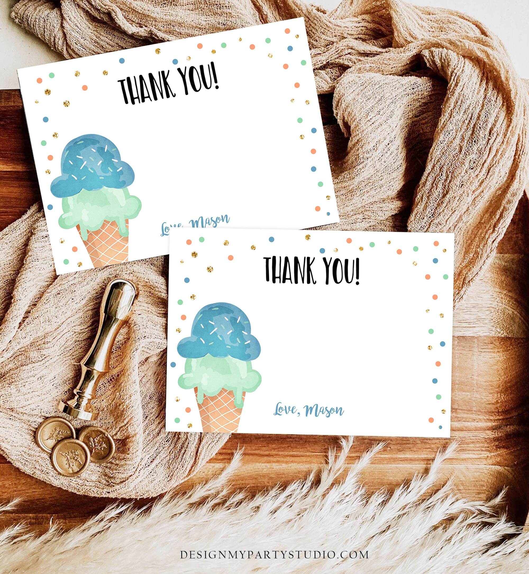 Editable Ice Cream Thank You Card Ice Cream Birthday Thank you Note Boy Birthday Summer Digital Download Corjl Template Printable 0243