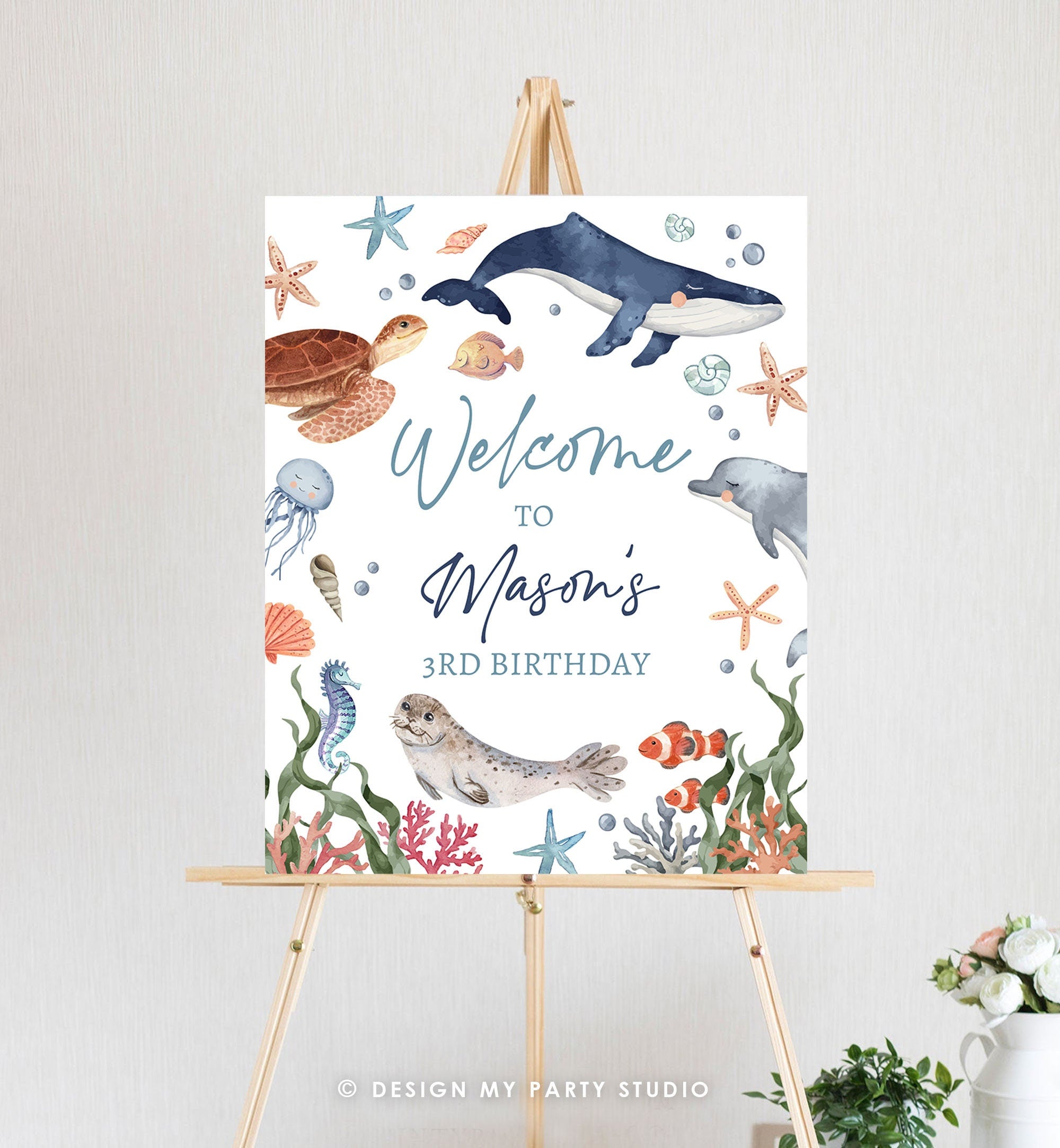 Editable Under the Sea Welcome Sign Nautical Birthday Decor Ocean Animals Whale Turtle Dolphin Sea Life Template Corjl Printable 0504