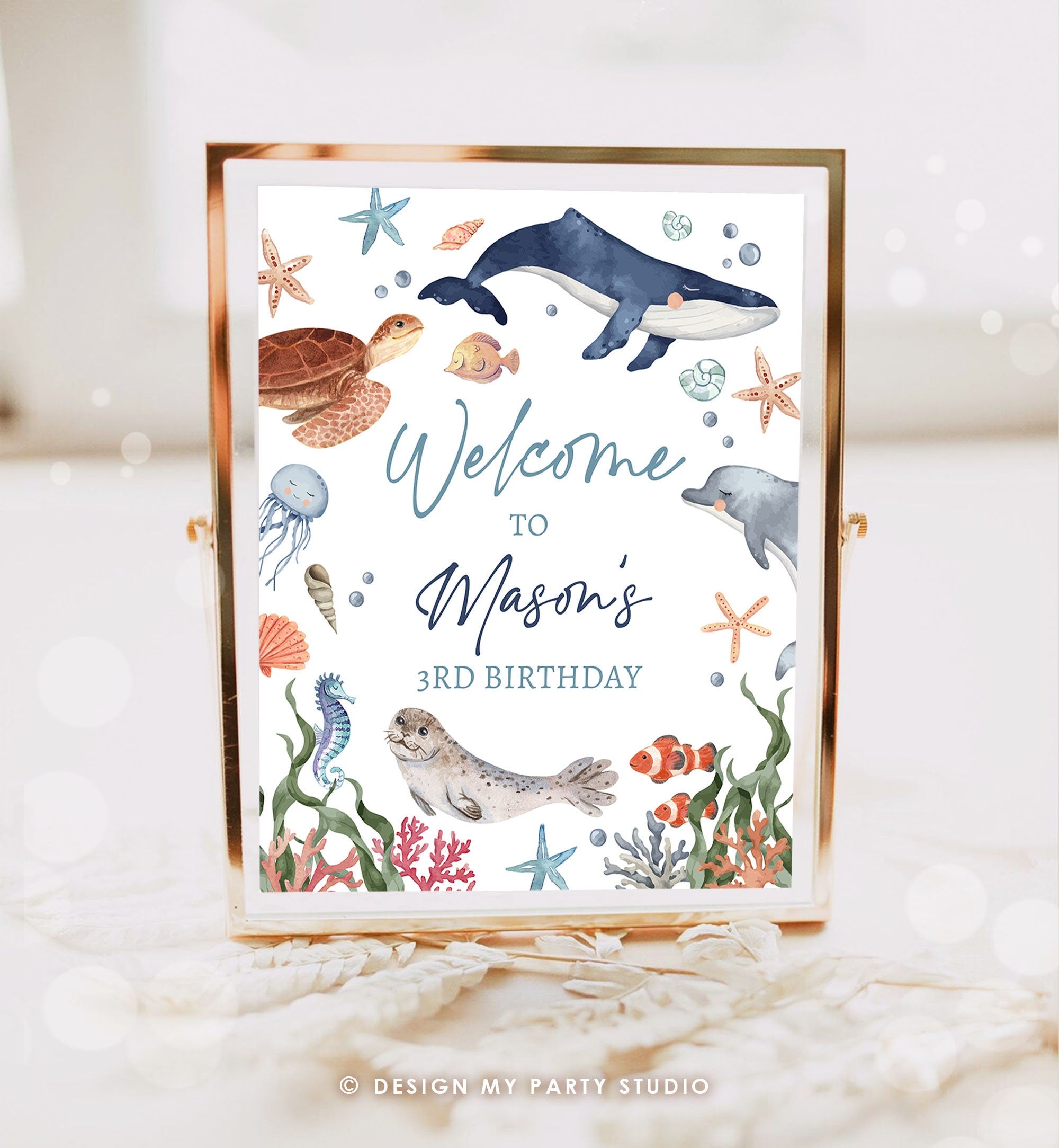 Editable Under the Sea Welcome Sign Nautical Birthday Decor Ocean Animals Whale Turtle Dolphin Sea Life Template Corjl Printable 0504