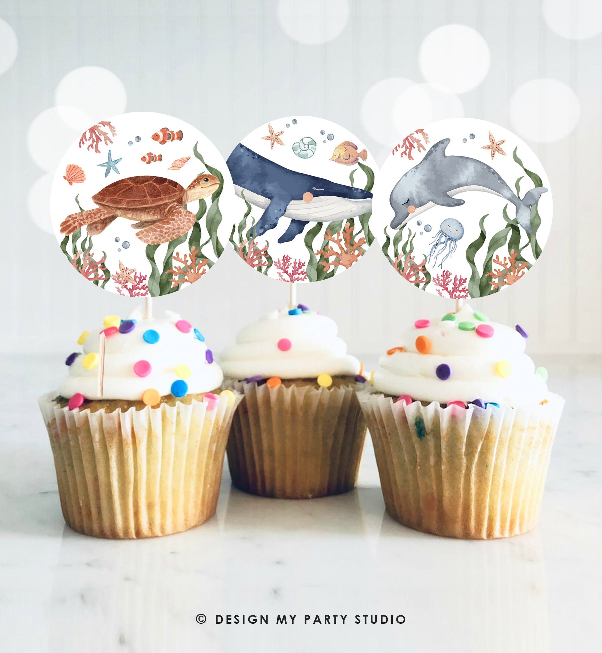 Under the Sea Birthday Party Cupcake Toppers Whale Turtle Dolphin Jellyfish Sea Life Birthday Party Cake Toppers Decor Instant Download 0504