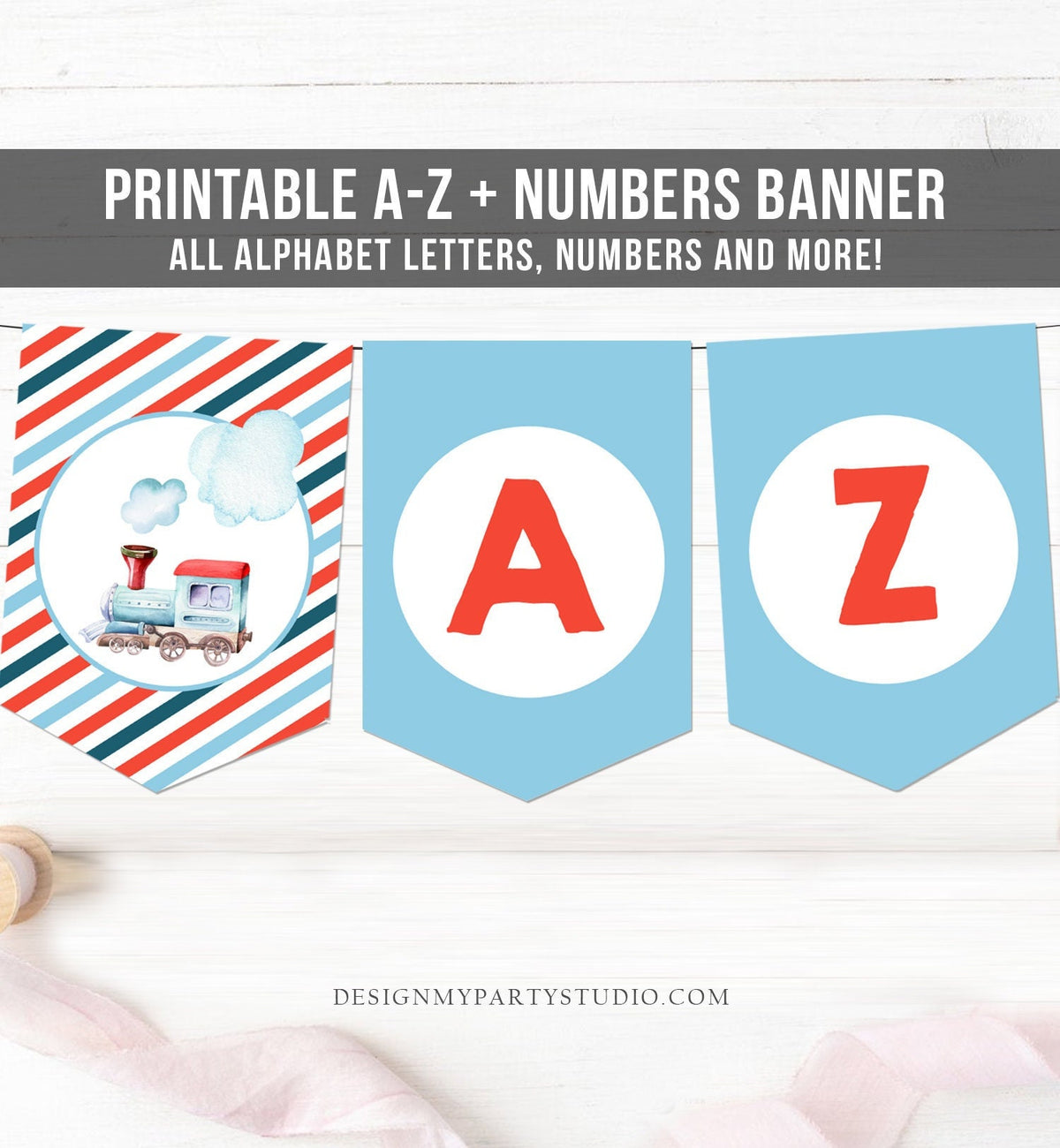 Train Birthday Banner A-Z Alphabet Numbers Banner Happy Birthday Banner Boy Railroad Watercolor Vintage Locomotive Decor Printable 0149