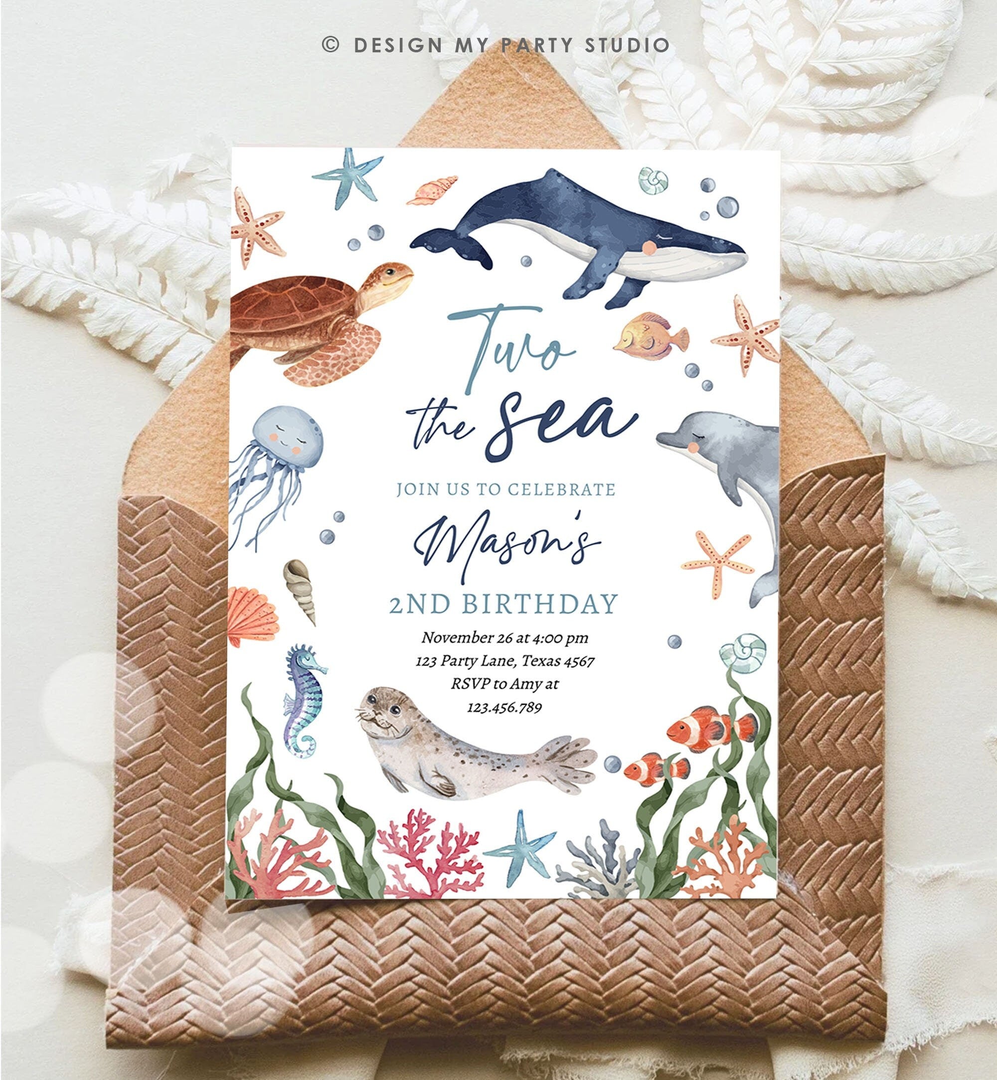 Editable Two the Sea Birthday Invitation Nautical 2nd Birthday Second Under The Sea Ocean Animals Download Printable Corjl Template 0504