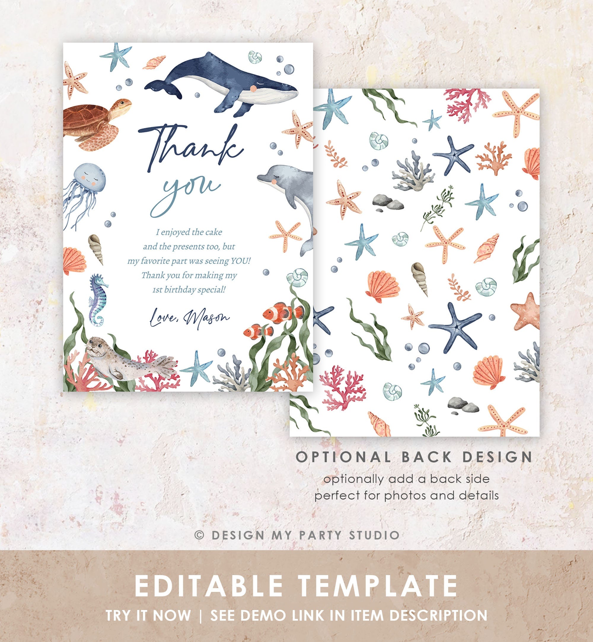 Editable Under the Sea Thank You Card Sea Ocean Animals Life Birthday Thank You Note Whale Turtle Dolphin Corjl Template Printable 0504