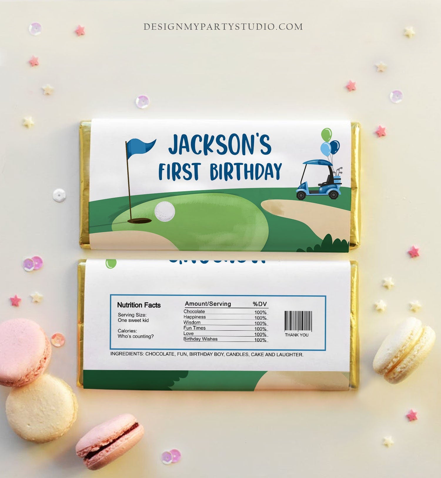 Editable Golf Candy Bar Wrapper Boy Blue Golf Cart Birthday Labels Par-Tee Golfing Party Hole in One Download Corjl Template Printable 0405