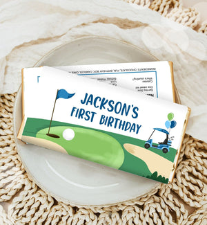 Editable Golf Candy Bar Wrapper Boy Blue Golf Cart Birthday Labels Par-Tee Golfing Party Hole in One Download Corjl Template Printable 0405