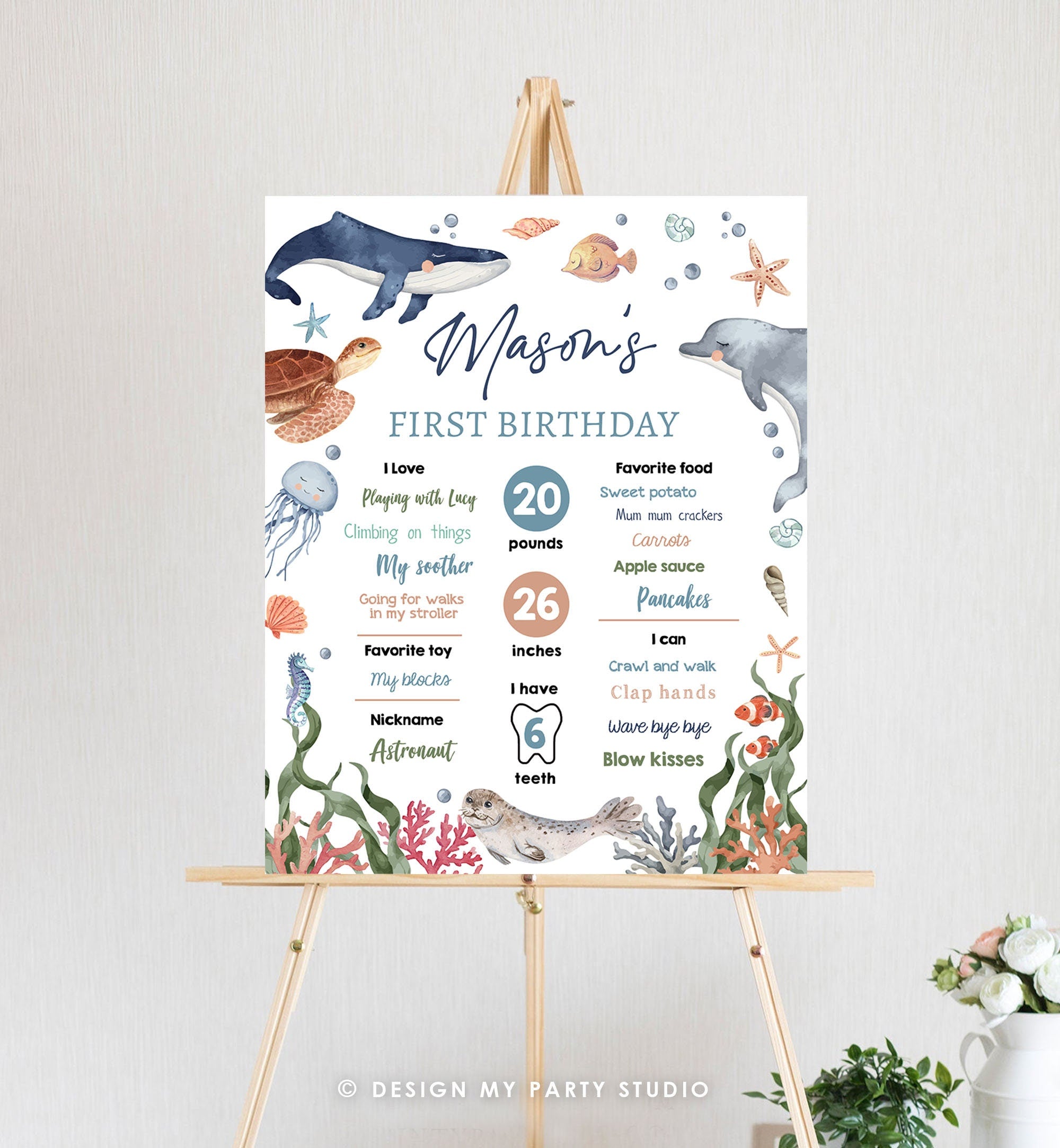 Editable Under the Sea Birthday Milestone Sign Poster First Birthday Sea Ocean Life Animals Whale Turtle Dolphin Template Printable 0504